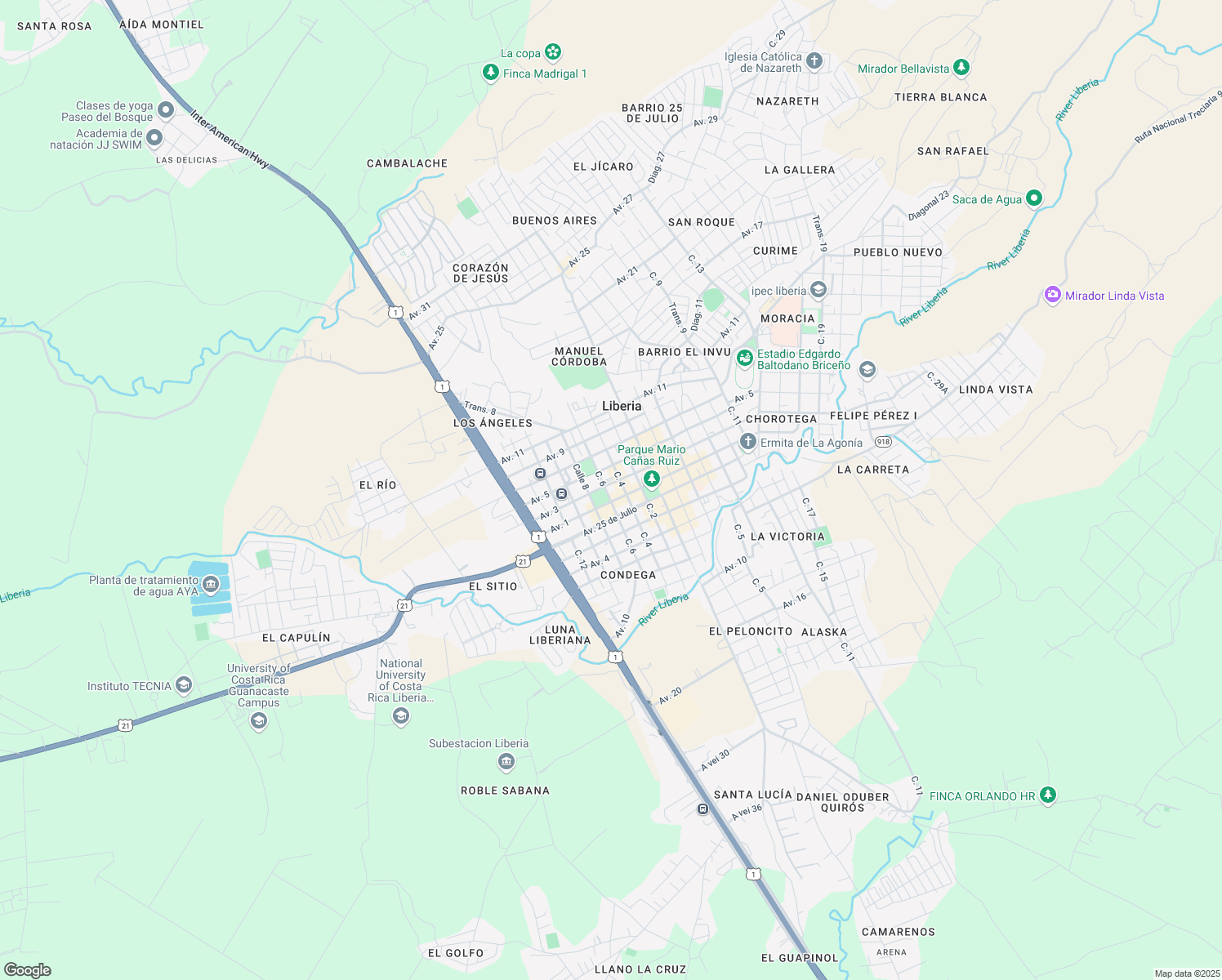 map of restaurants, bars, coffee shops, grocery stores, and more near Calle 6 in Liberia