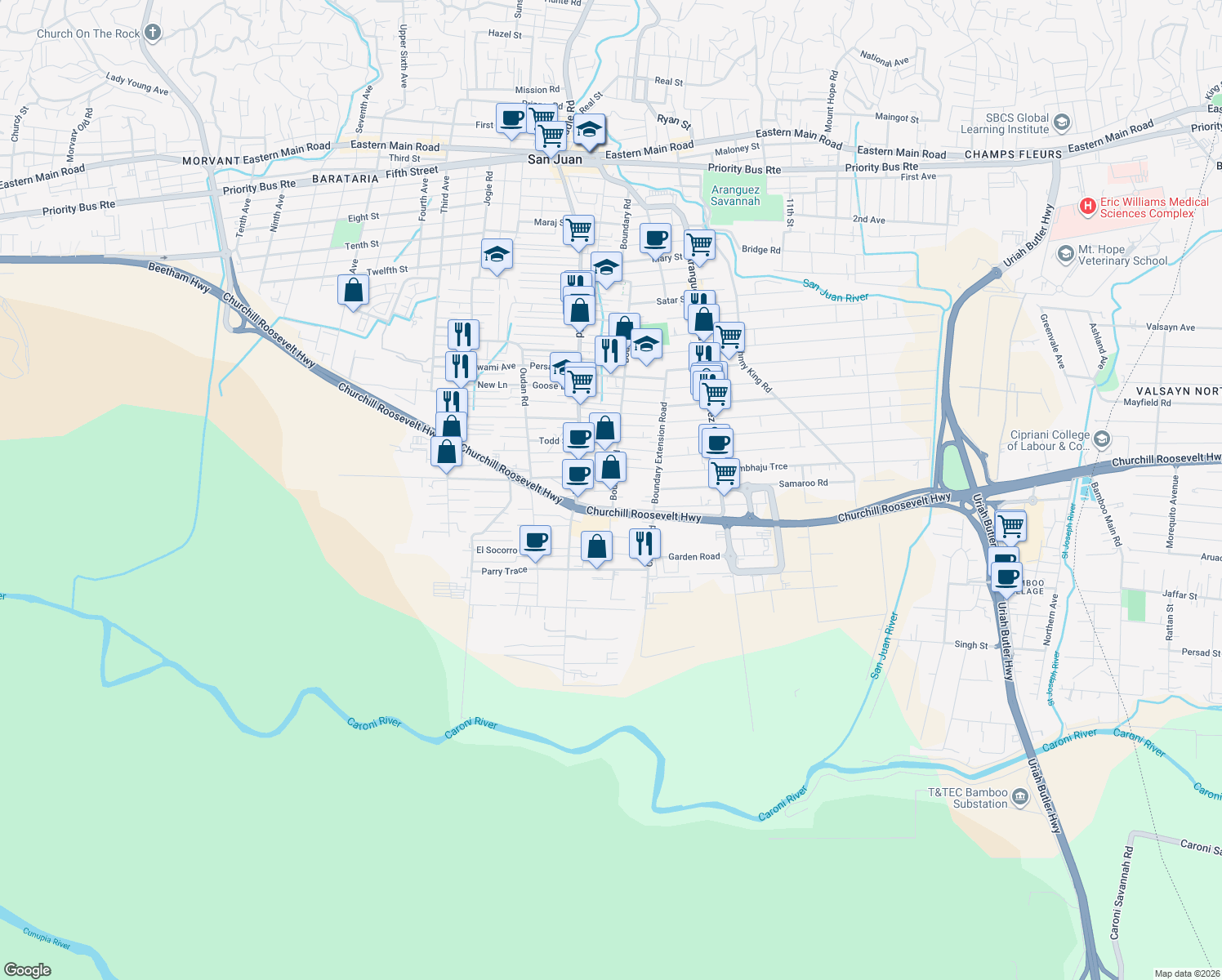 map of restaurants, bars, coffee shops, grocery stores, and more near in Tacarigua