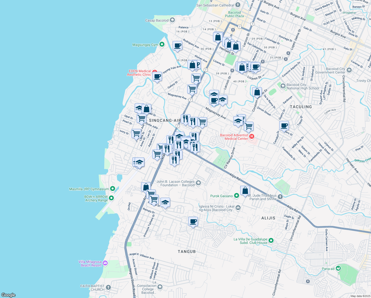 map of restaurants, bars, coffee shops, grocery stores, and more near Alijis Road in Bacolod City