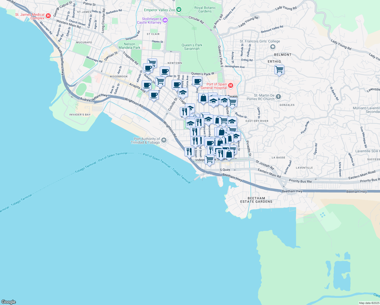 map of restaurants, bars, coffee shops, grocery stores, and more near Ajax Street in Port of Spain