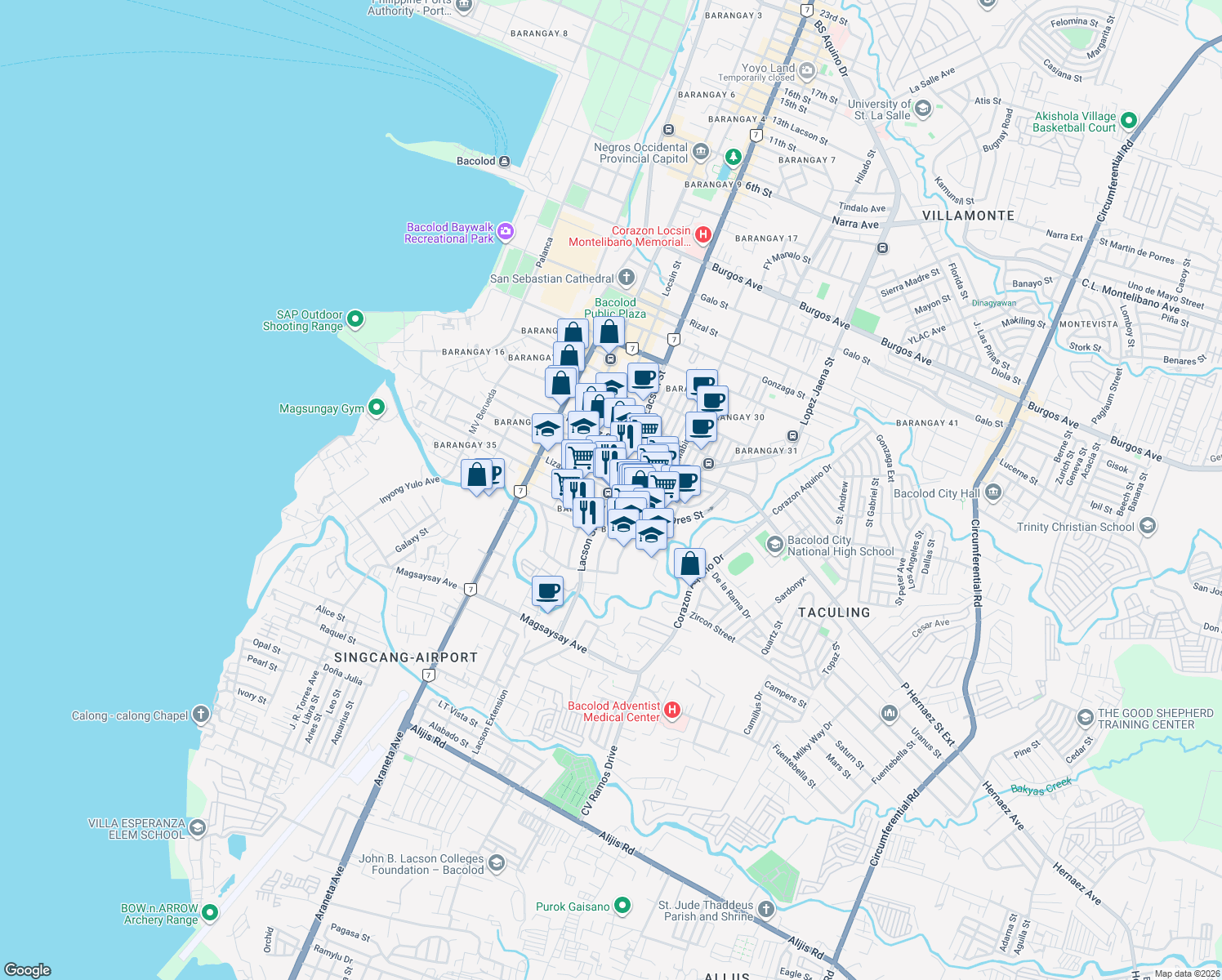 map of restaurants, bars, coffee shops, grocery stores, and more near Lizares Street in Bacolod City