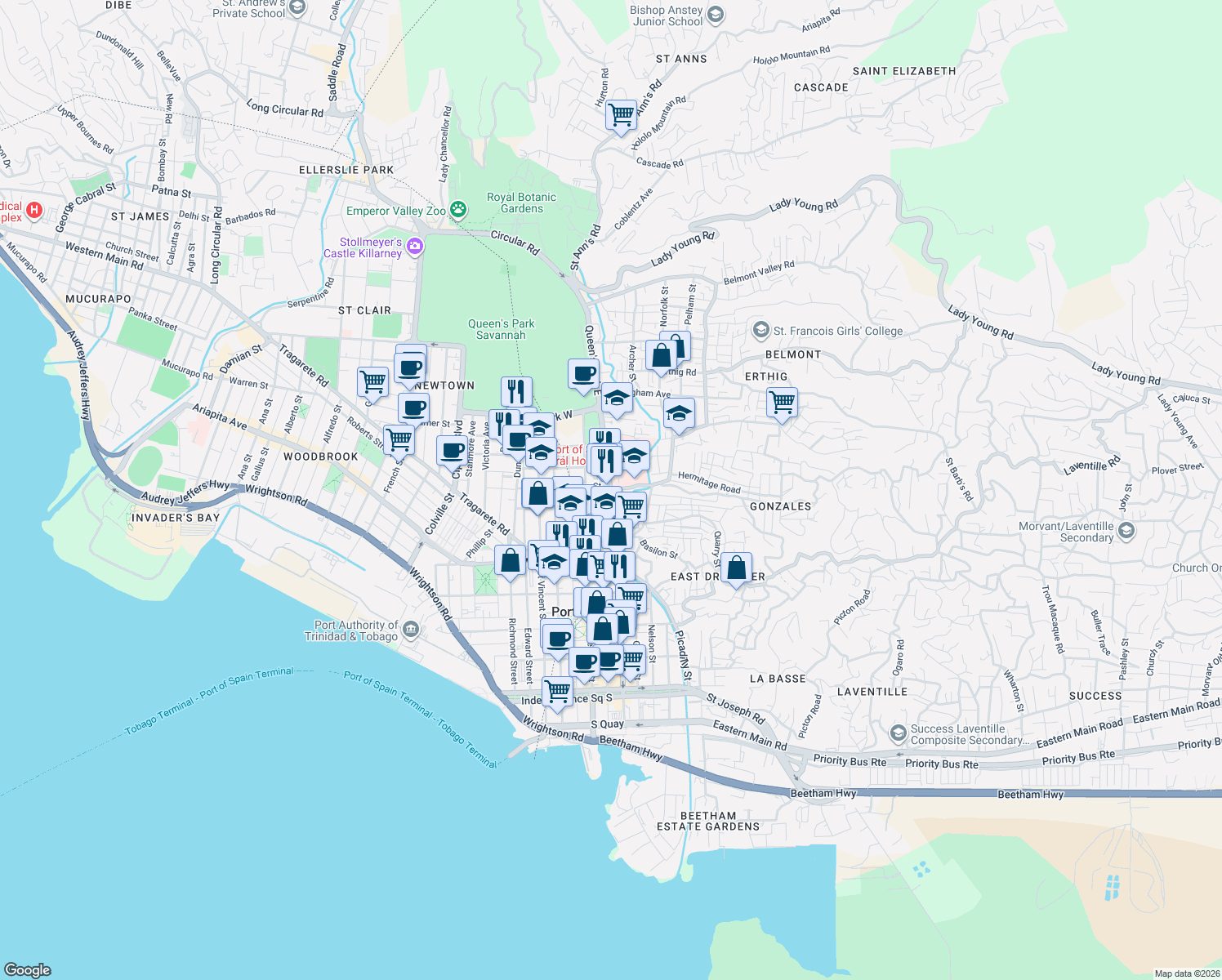 map of restaurants, bars, coffee shops, grocery stores, and more near in Port of Spain