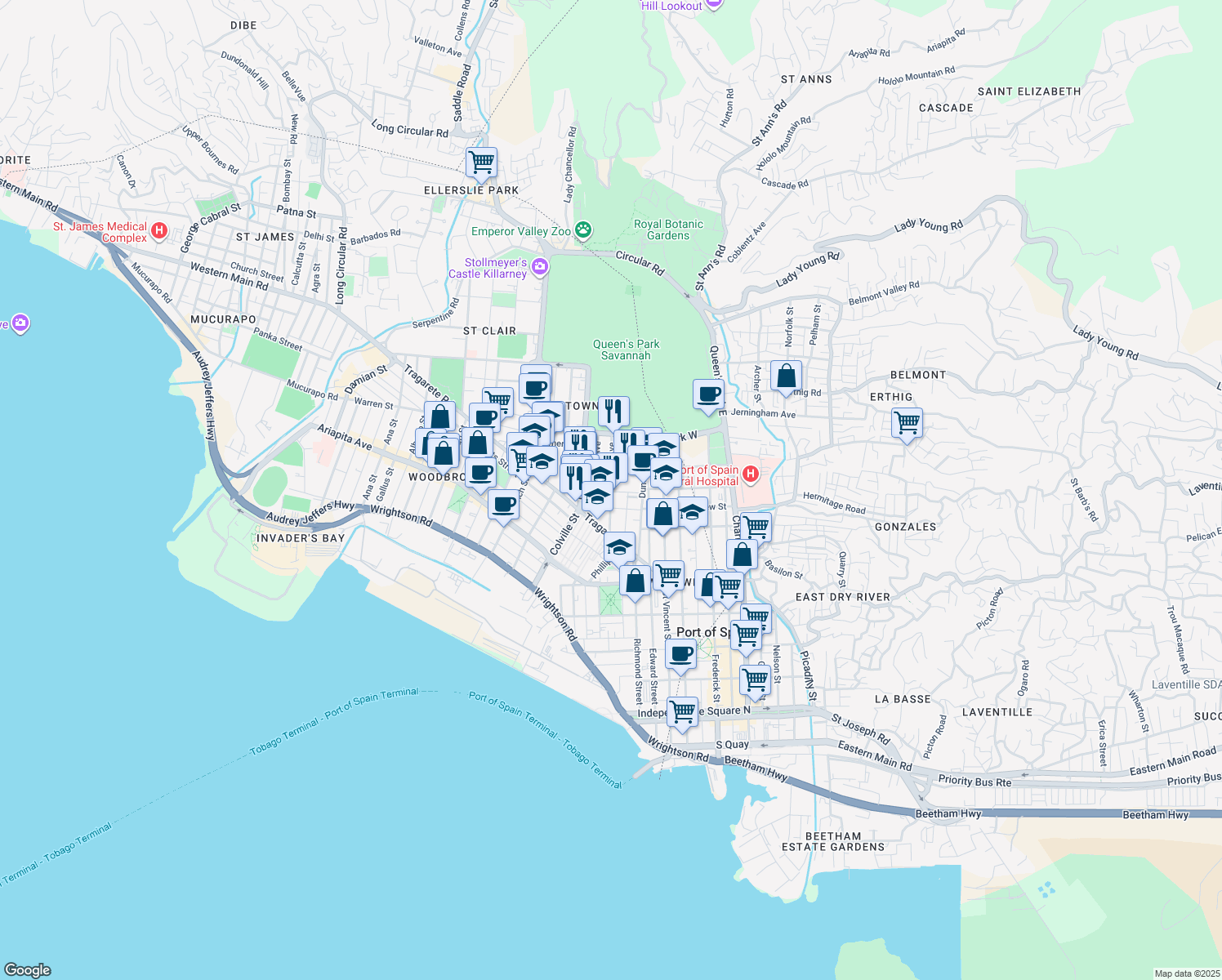 map of restaurants, bars, coffee shops, grocery stores, and more near Victoria Avenue in Port of Spain