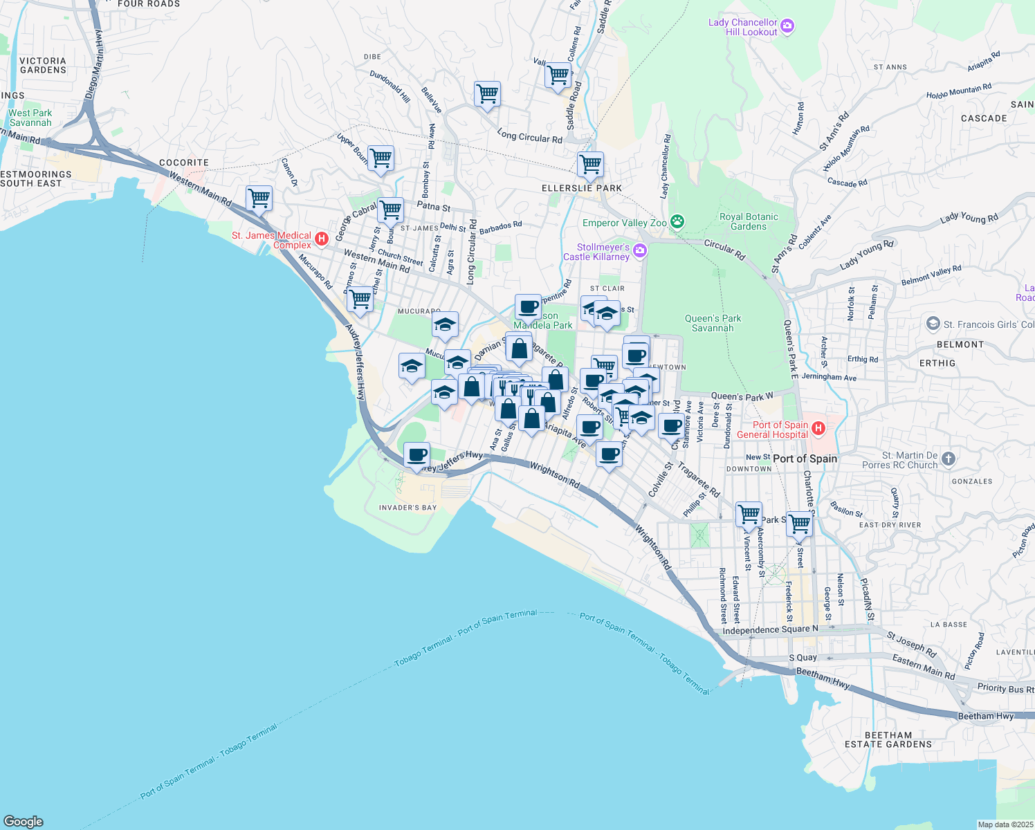 map of restaurants, bars, coffee shops, grocery stores, and more near Gallus Street in Port of Spain