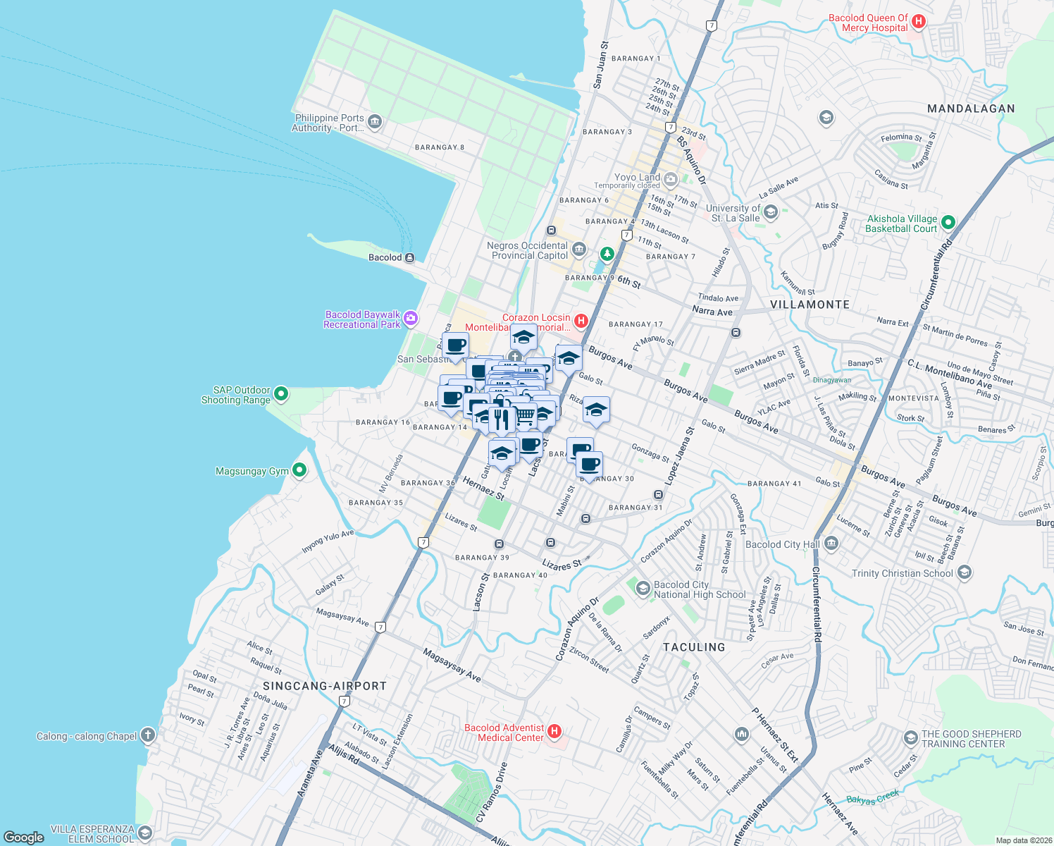 map of restaurants, bars, coffee shops, grocery stores, and more near Locsin St in Bacolod City