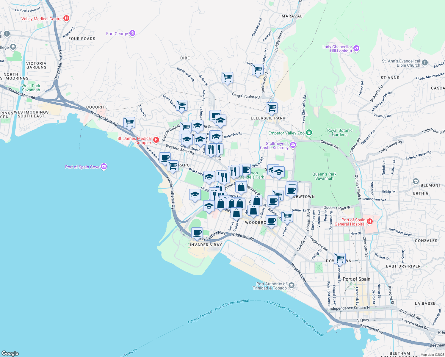 map of restaurants, bars, coffee shops, grocery stores, and more near One Woodbrook Place in Port of Spain