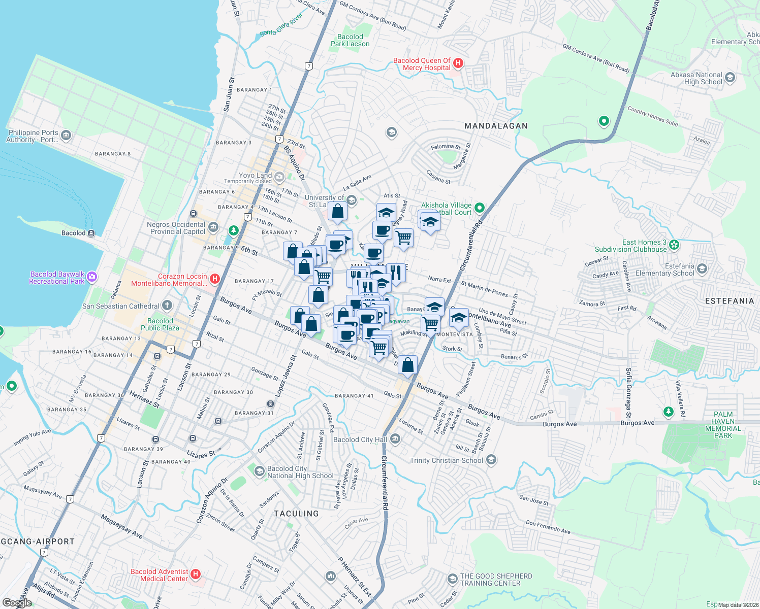 map of restaurants, bars, coffee shops, grocery stores, and more near Fr. Gratian Murray AFSC Street in Bacolod City