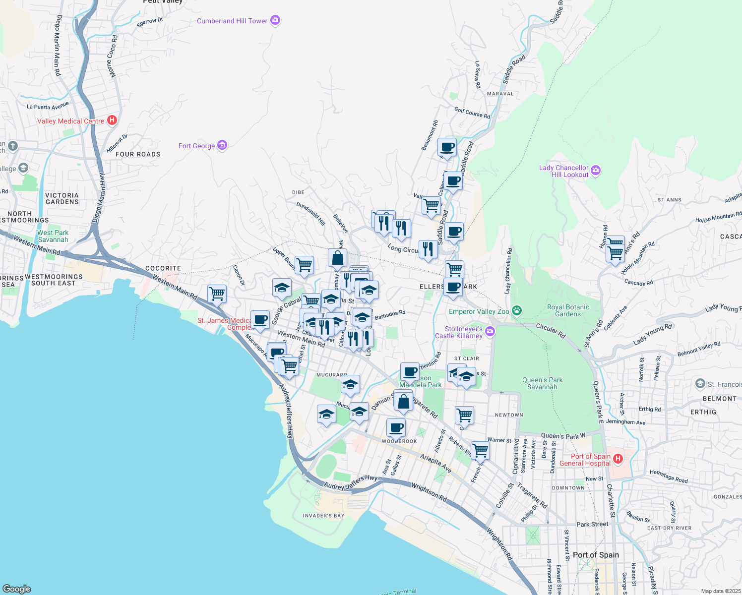 map of restaurants, bars, coffee shops, grocery stores, and more near in Port of Spain