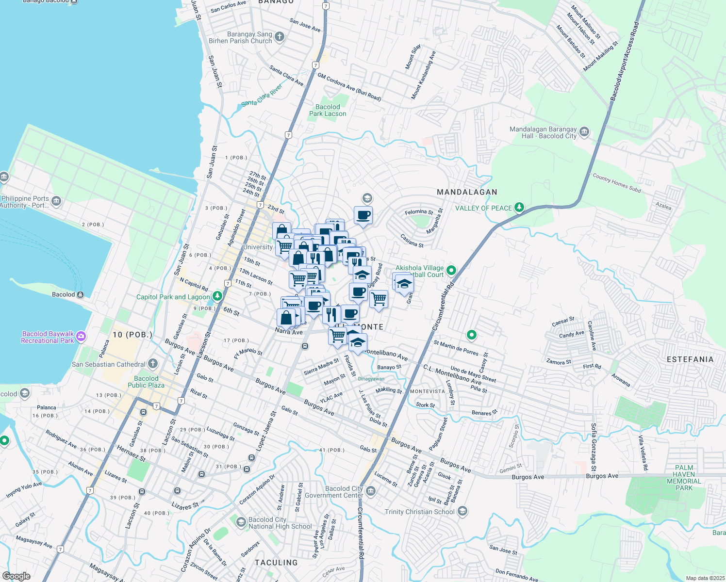 map of restaurants, bars, coffee shops, grocery stores, and more near C.L. Montelibano Avenue in Bacolod City
