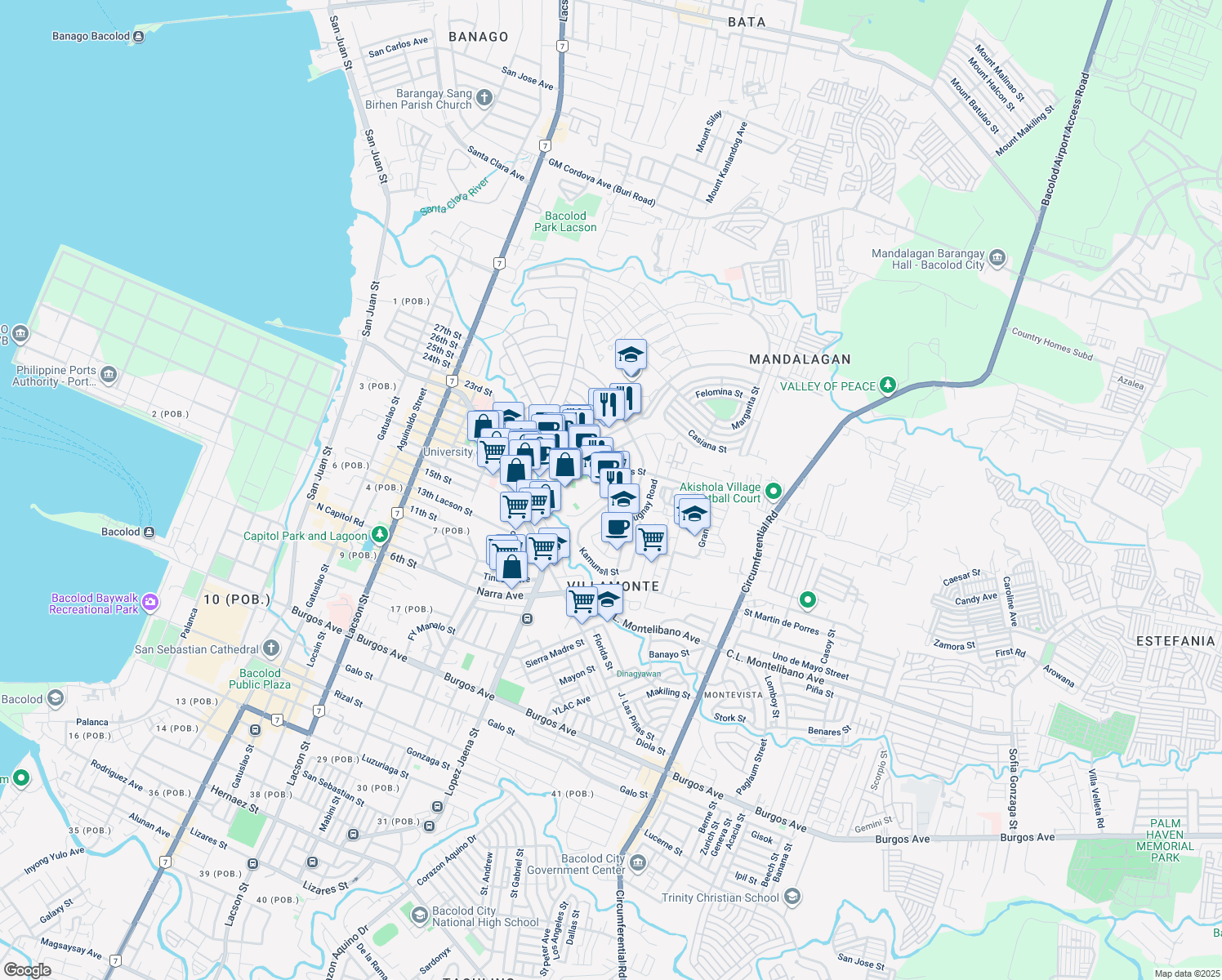map of restaurants, bars, coffee shops, grocery stores, and more near C.L. Montelibano St in Bacolod City