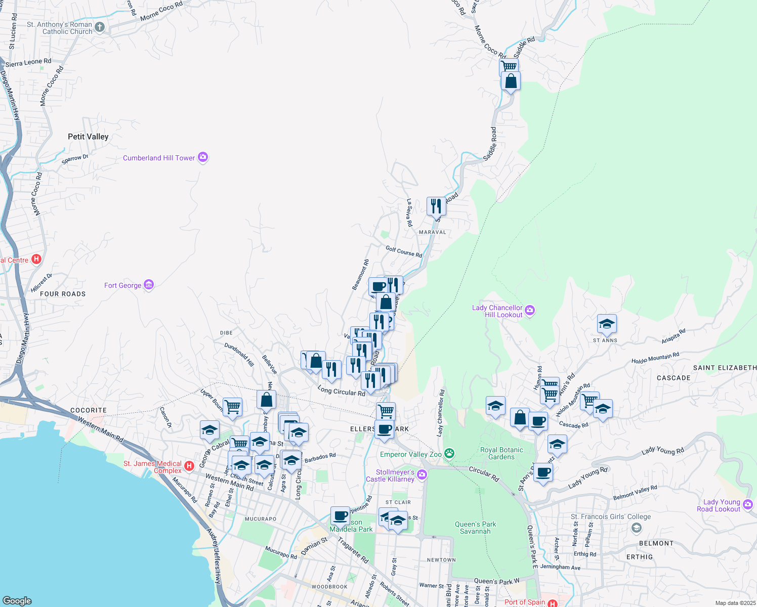 map of restaurants, bars, coffee shops, grocery stores, and more near 18 Collens Road in Port of Spain