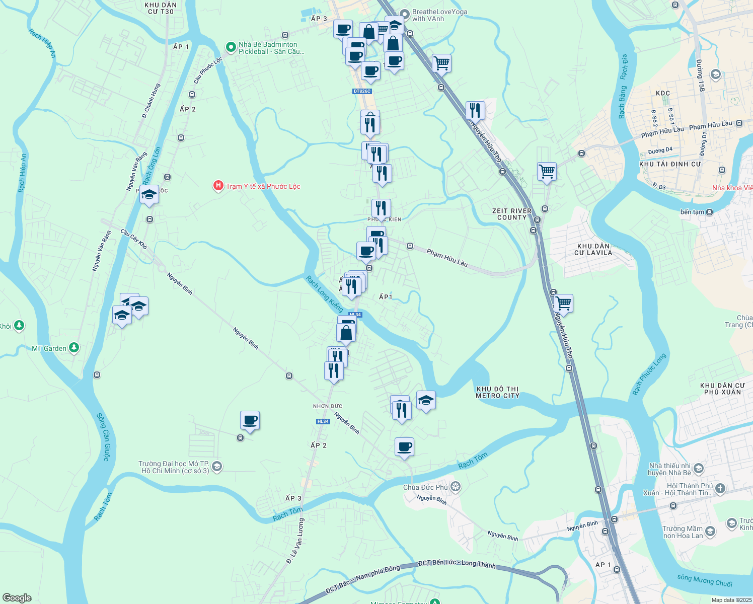 map of restaurants, bars, coffee shops, grocery stores, and more near Lê Văn Lương in Nhà Bè