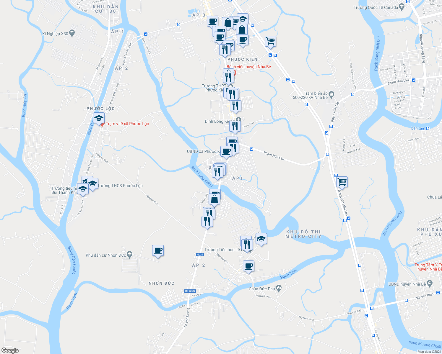 map of restaurants, bars, coffee shops, grocery stores, and more near Lê Văn Lương in Nhà Bè