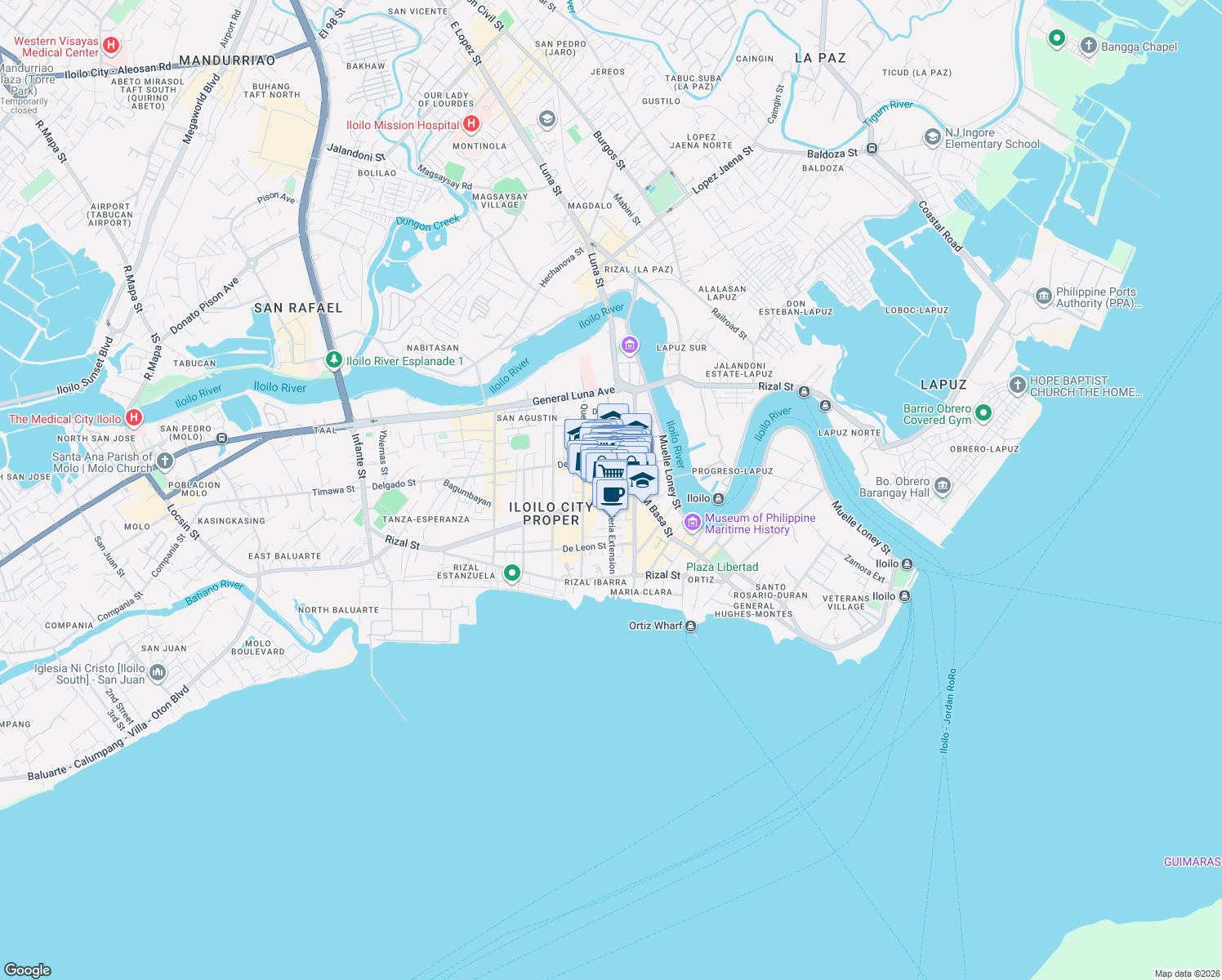 map of restaurants, bars, coffee shops, grocery stores, and more near 1709 Valeria Street in Iloilo City