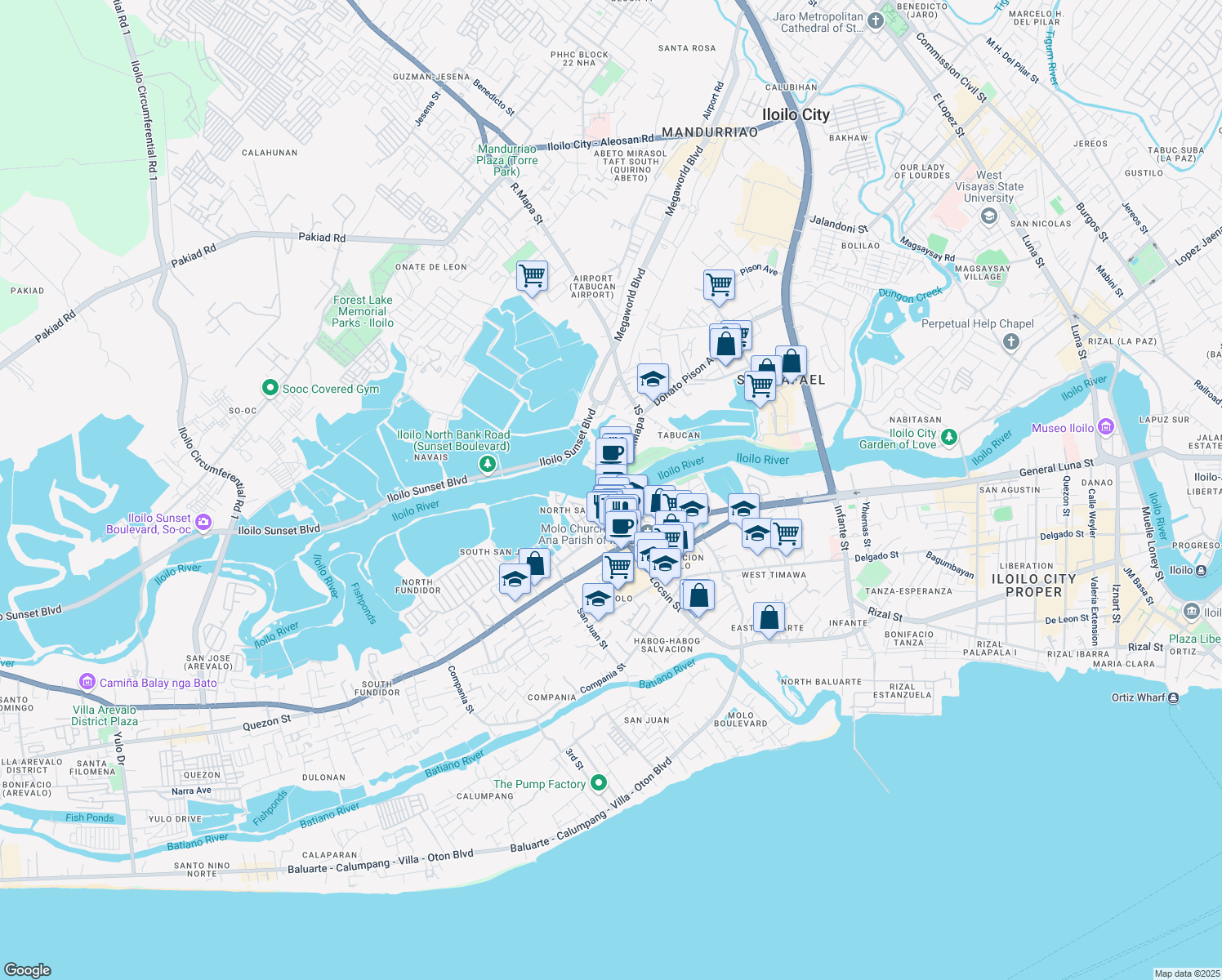 map of restaurants, bars, coffee shops, grocery stores, and more near New Carpenter's Bridge in Iloilo City