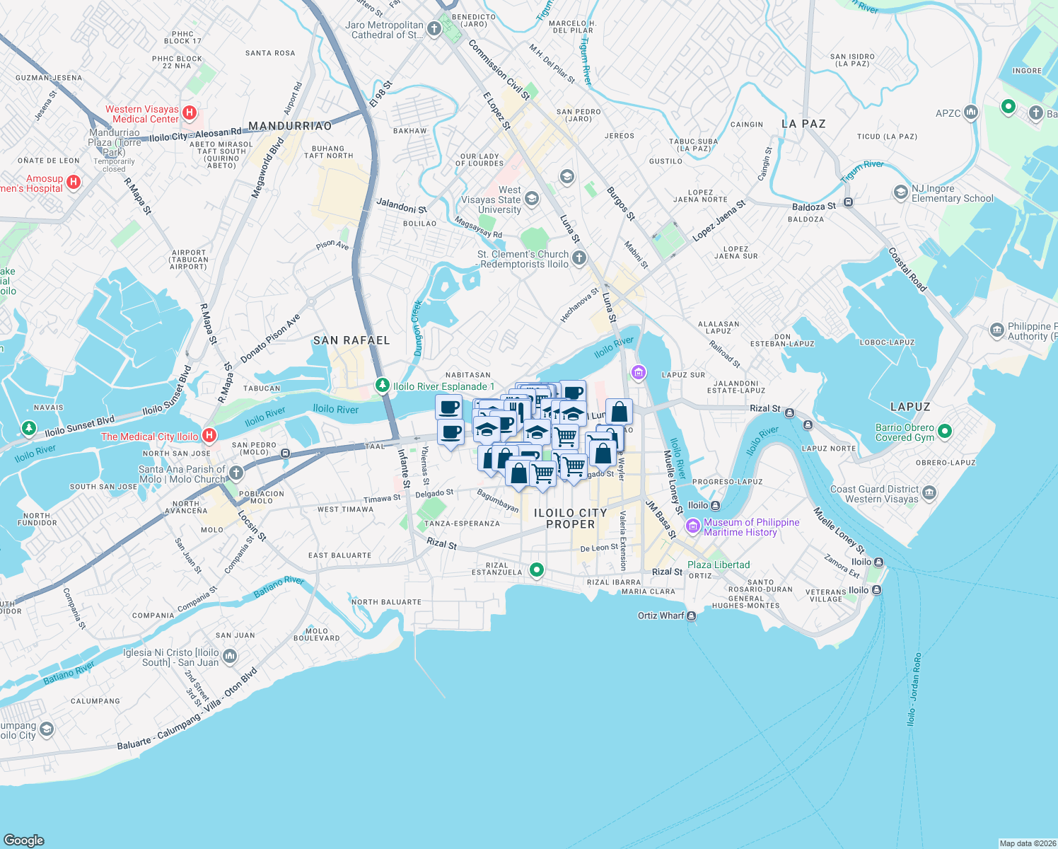 map of restaurants, bars, coffee shops, grocery stores, and more near General Luna Street in Iloilo City