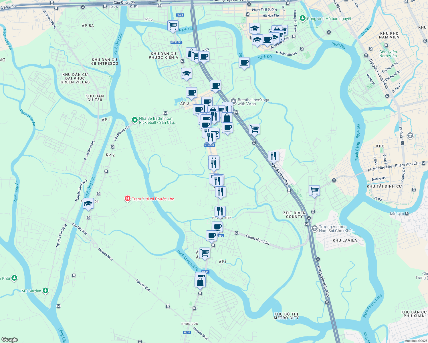 map of restaurants, bars, coffee shops, grocery stores, and more near Lê Văn Lương in Nhà Bè