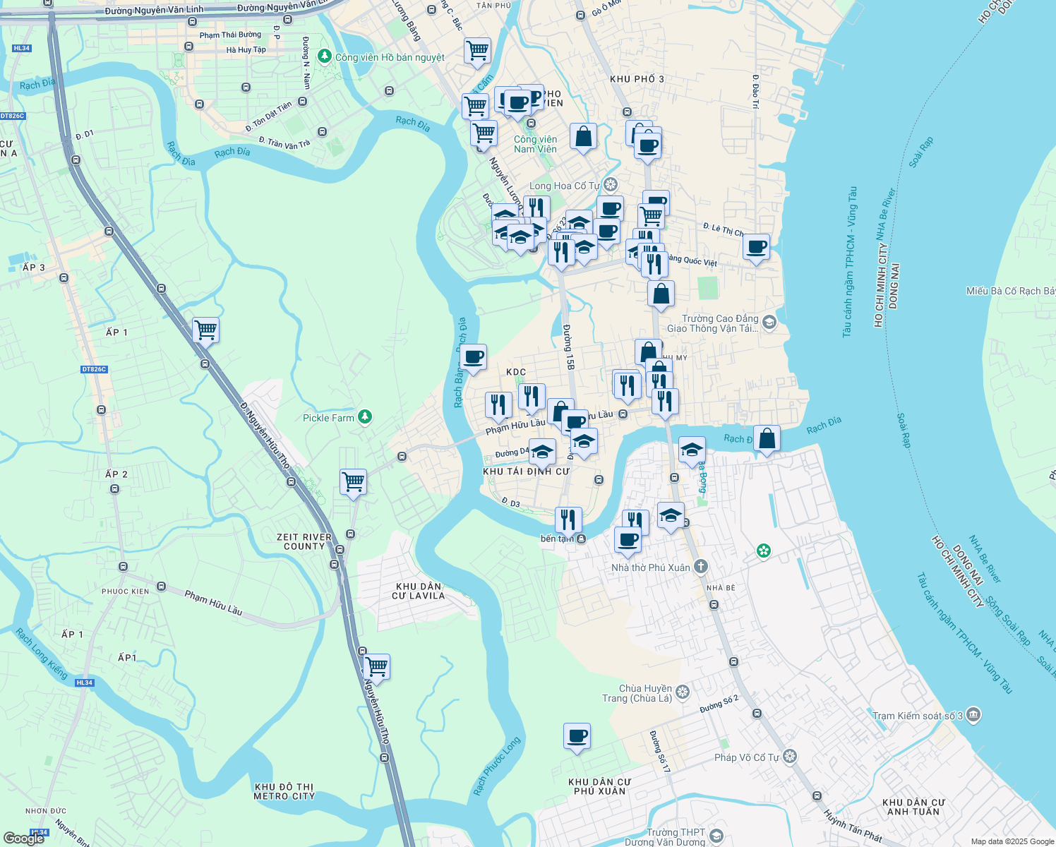 map of restaurants, bars, coffee shops, grocery stores, and more near 240 Phạm Hữu Lầu in Quận 7