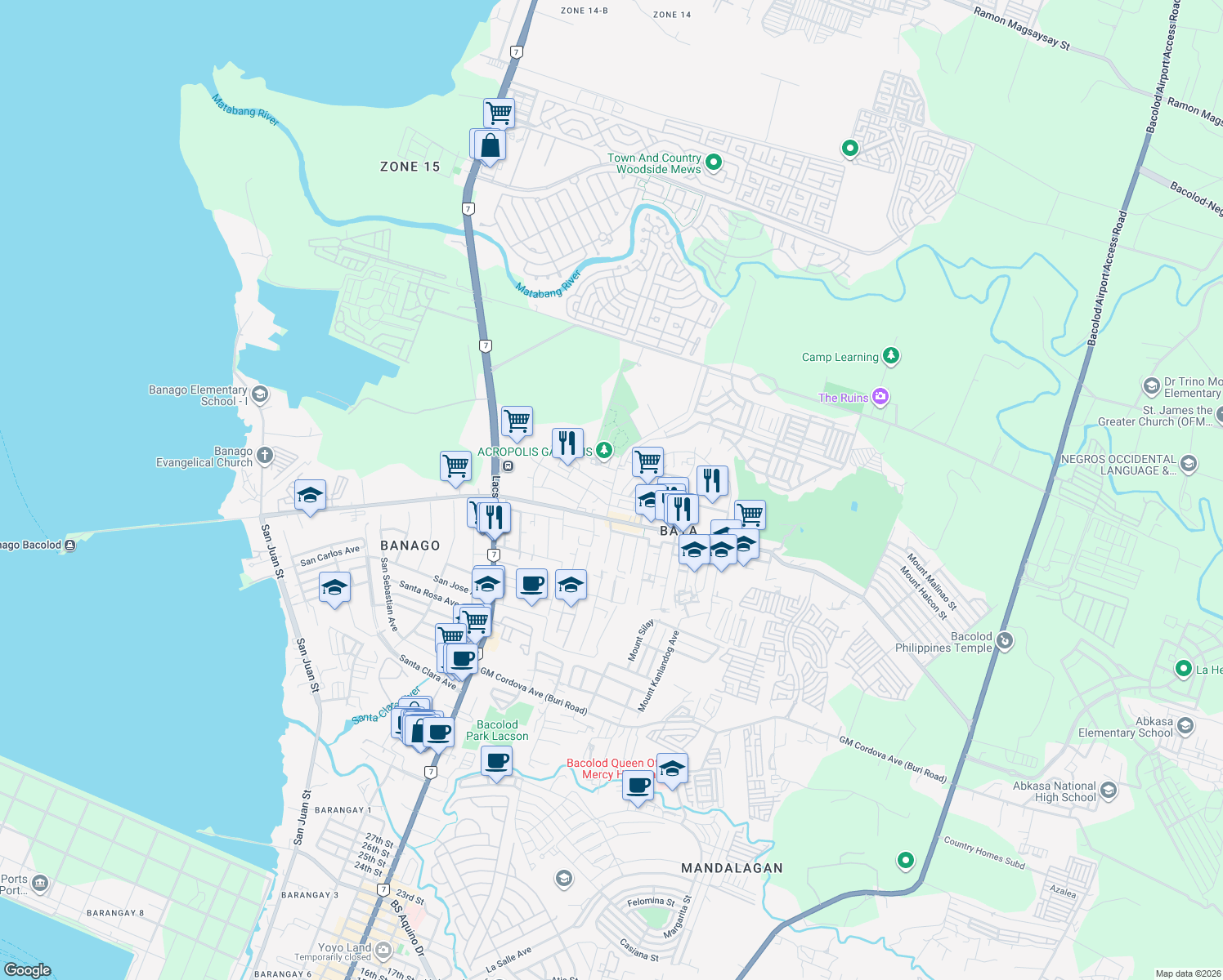 map of restaurants, bars, coffee shops, grocery stores, and more near Rose Lawn Street in Bacolod City