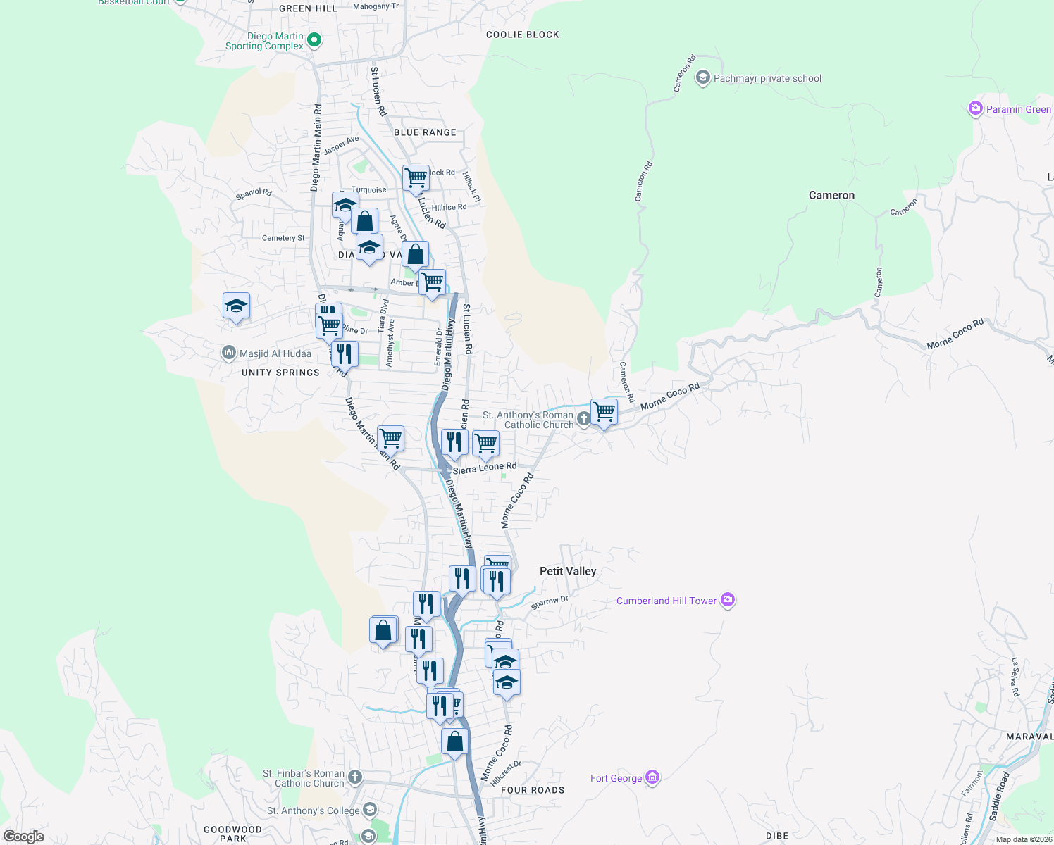 map of restaurants, bars, coffee shops, grocery stores, and more near Majuba Cross Road in Petit Valley