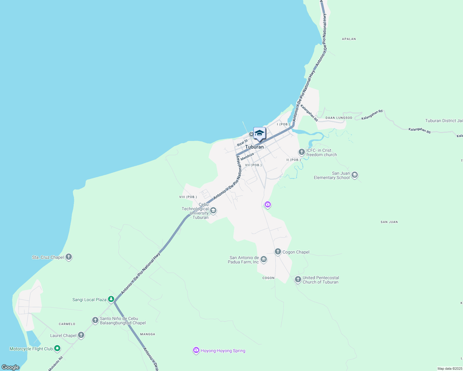 map of restaurants, bars, coffee shops, grocery stores, and more near Antonio Y De Pio National Highway in Tuburan