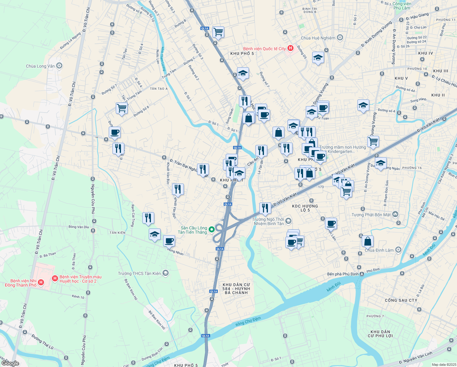 map of restaurants, bars, coffee shops, grocery stores, and more near 1166/64 Đường Quốc lộ 1A in Bình Tân