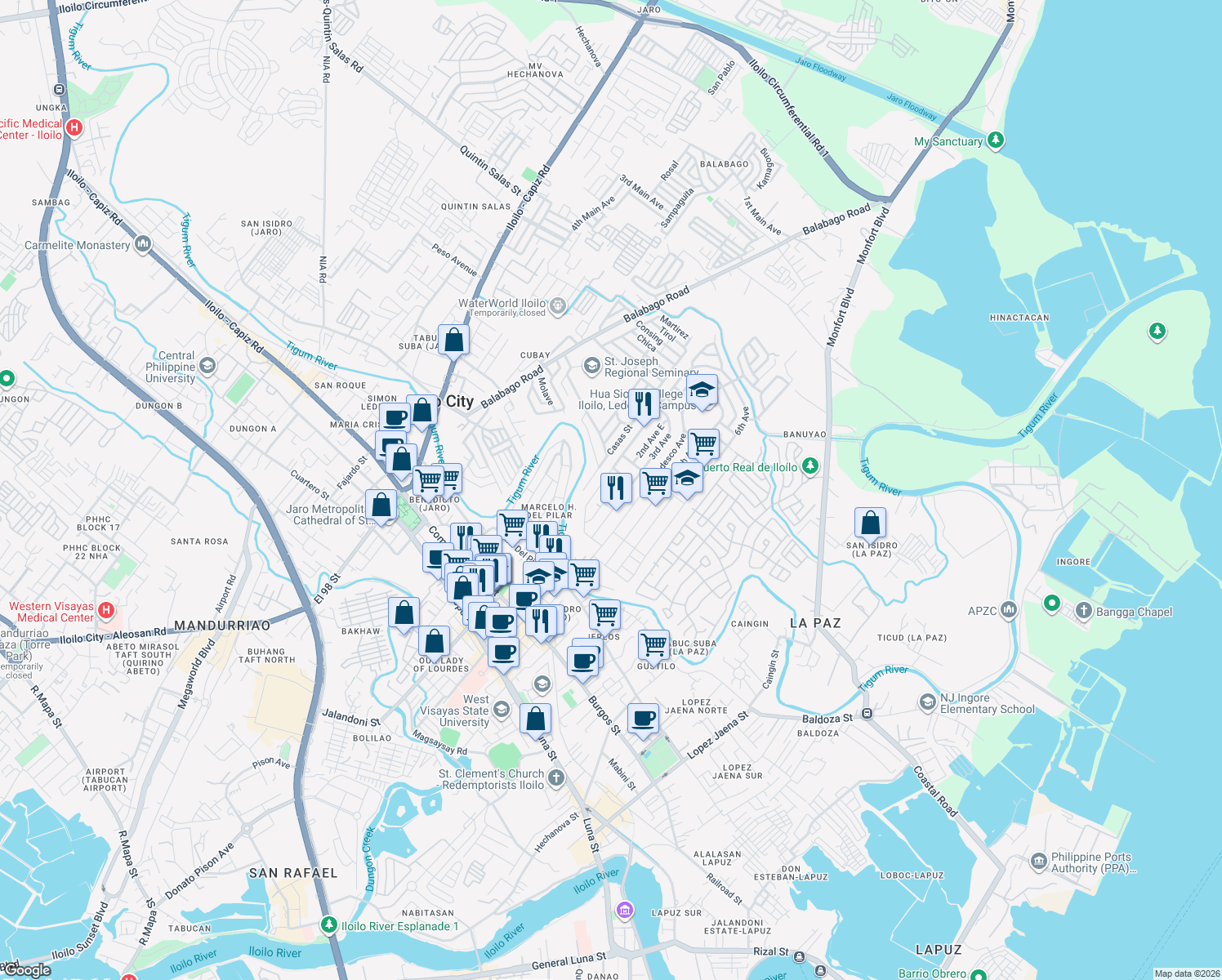 map of restaurants, bars, coffee shops, grocery stores, and more near 2nd Avenue West in Iloilo City