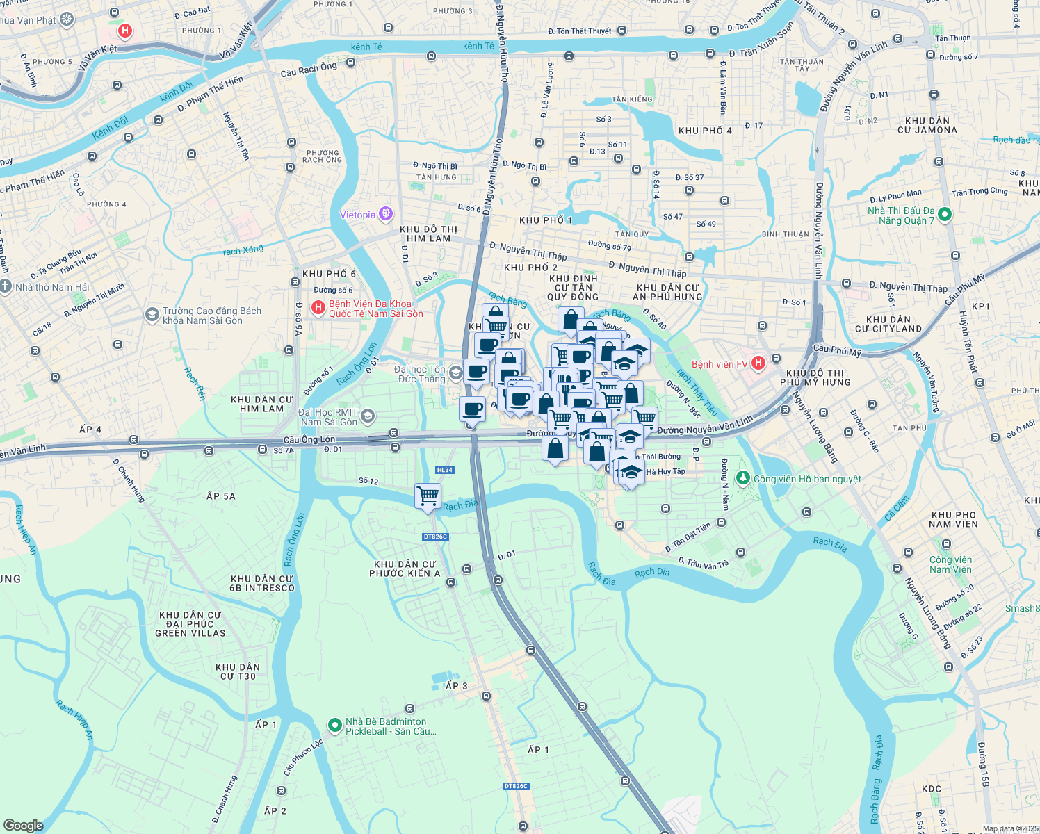 map of restaurants, bars, coffee shops, grocery stores, and more near 1058 Đường Nguyễn Văn Linh in Quận 7
