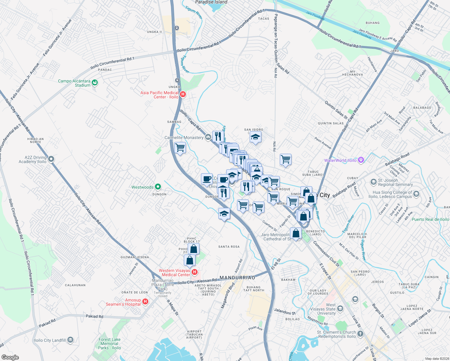 map of restaurants, bars, coffee shops, grocery stores, and more near Miramar Subdivision in Iloilo City