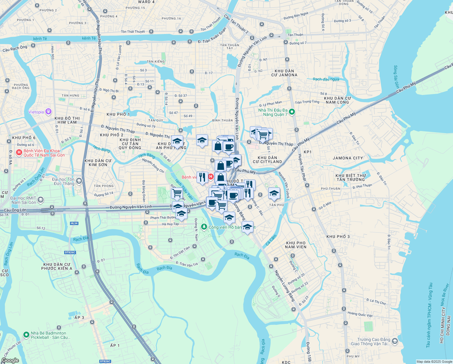 map of restaurants, bars, coffee shops, grocery stores, and more near Nguyễn Văn Linh in Quận 7