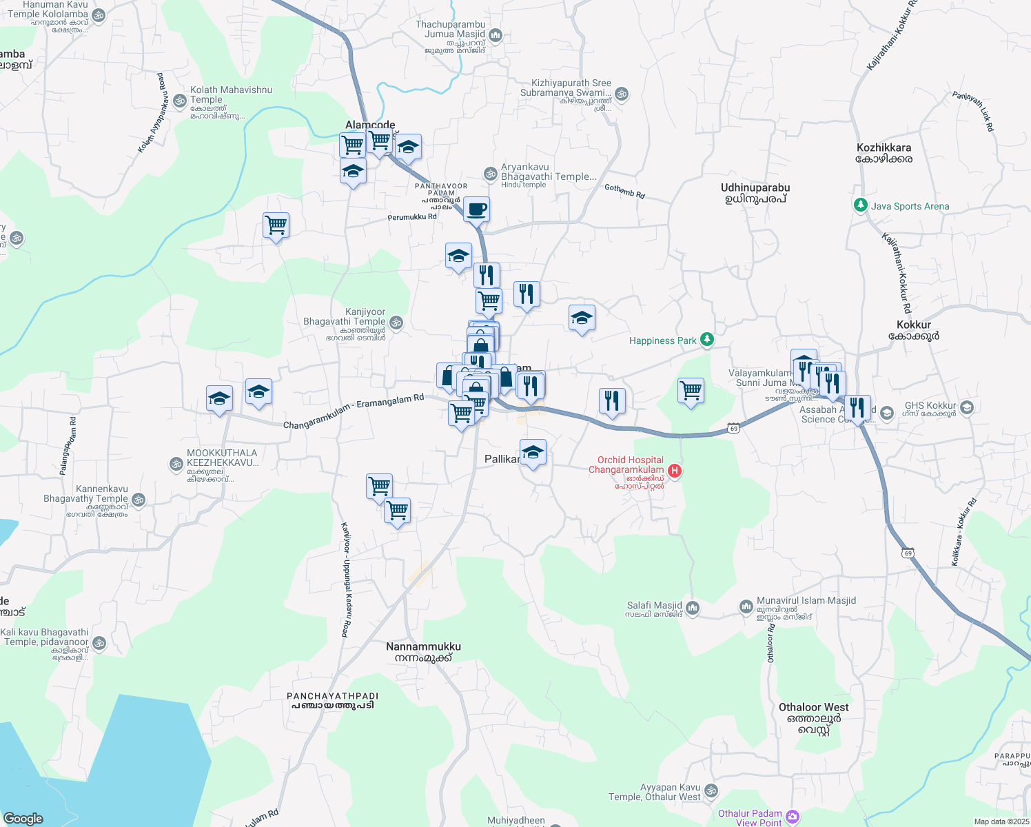 map of restaurants, bars, coffee shops, grocery stores, and more near Changaramkulam - Eramangalam Road in Changaramkulam