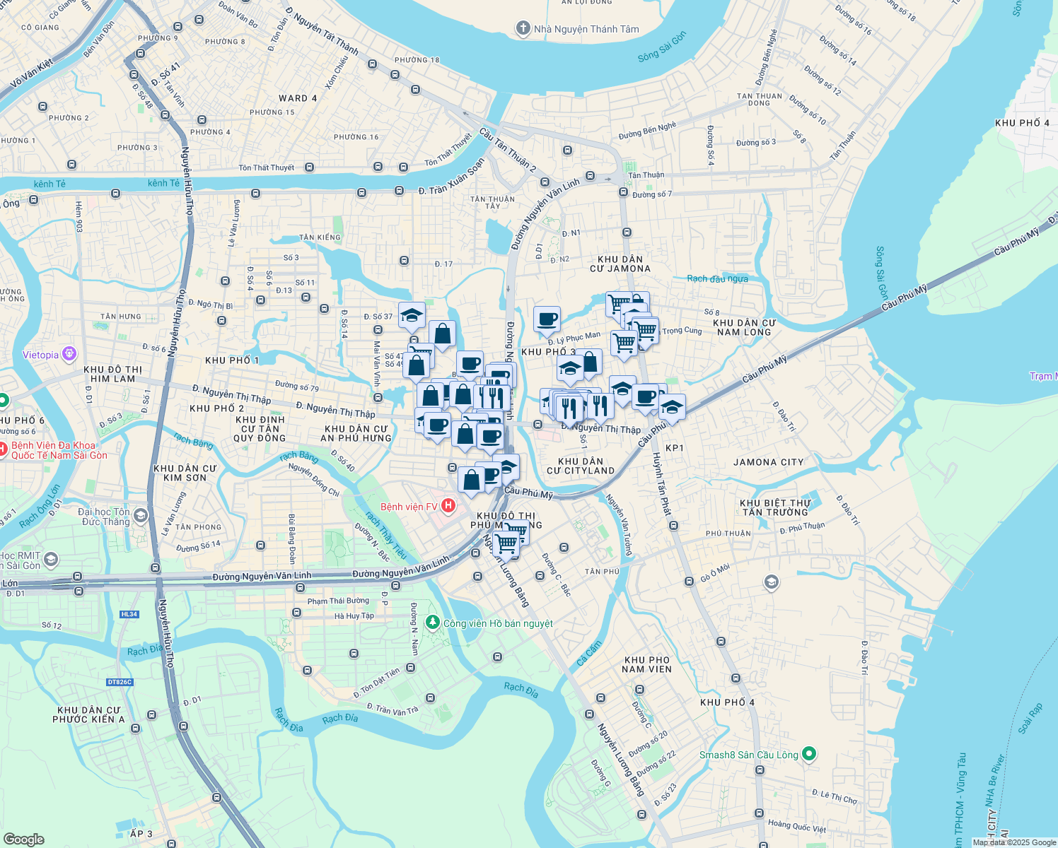 map of restaurants, bars, coffee shops, grocery stores, and more near Nguyễn Thị Thập in Quận 7