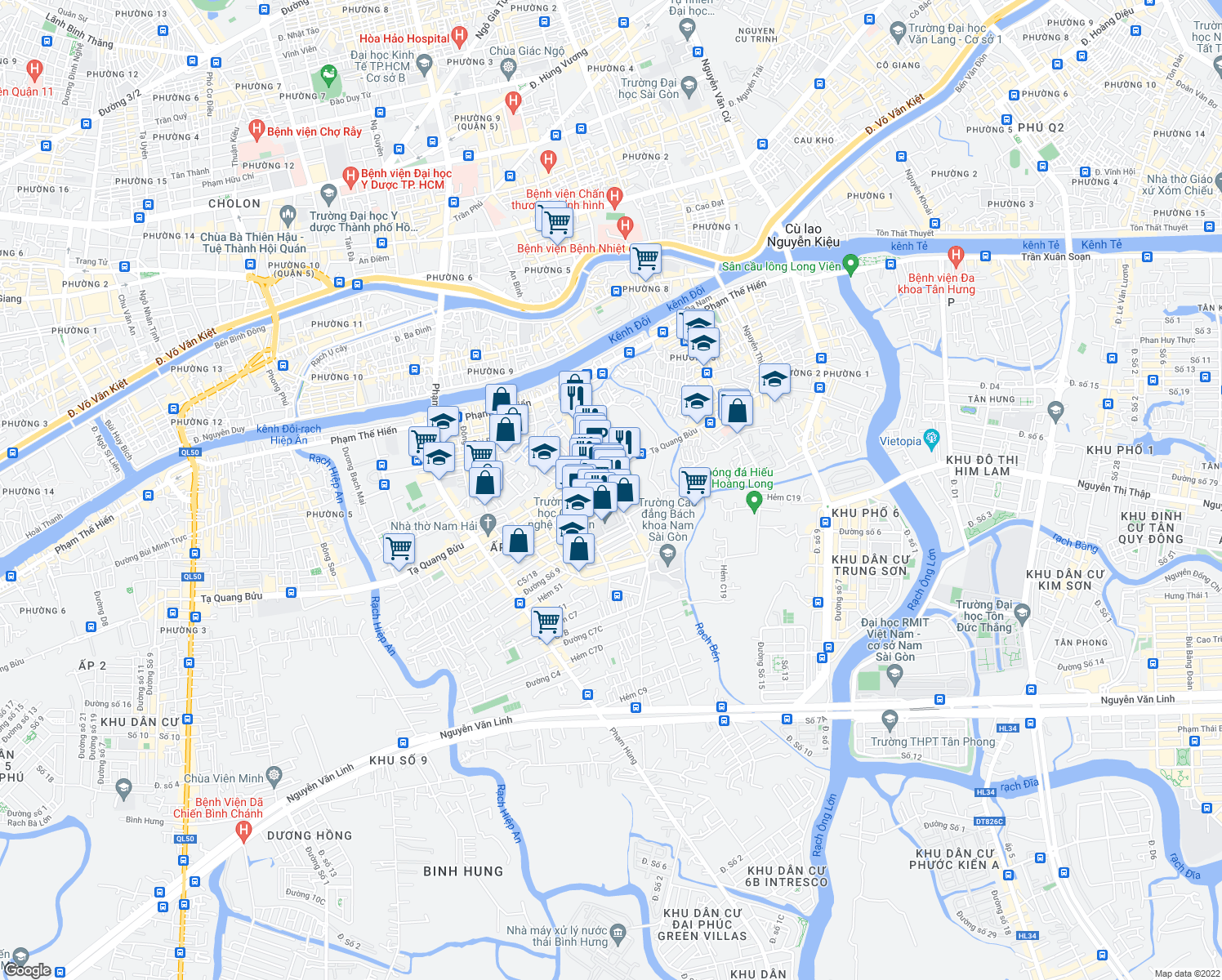 map of restaurants, bars, coffee shops, grocery stores, and more near Đường Cao Lỗ in Quận 8