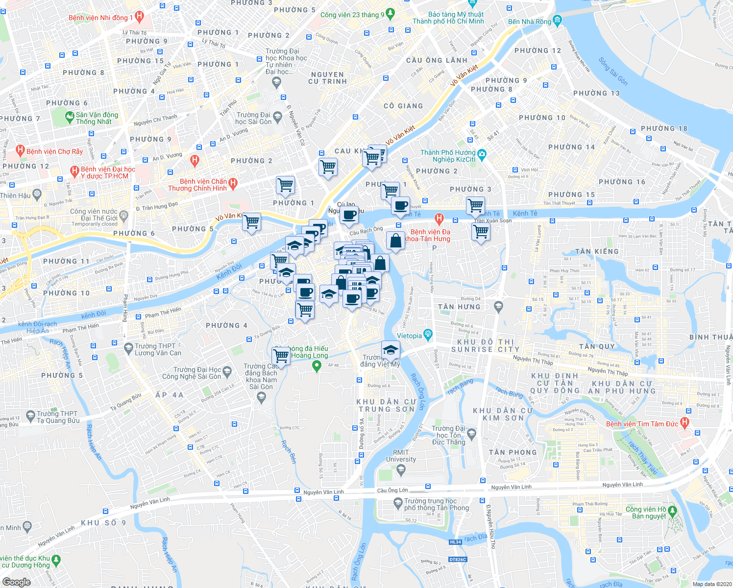 map of restaurants, bars, coffee shops, grocery stores, and more near Dương Bá Trạc in Quận 8