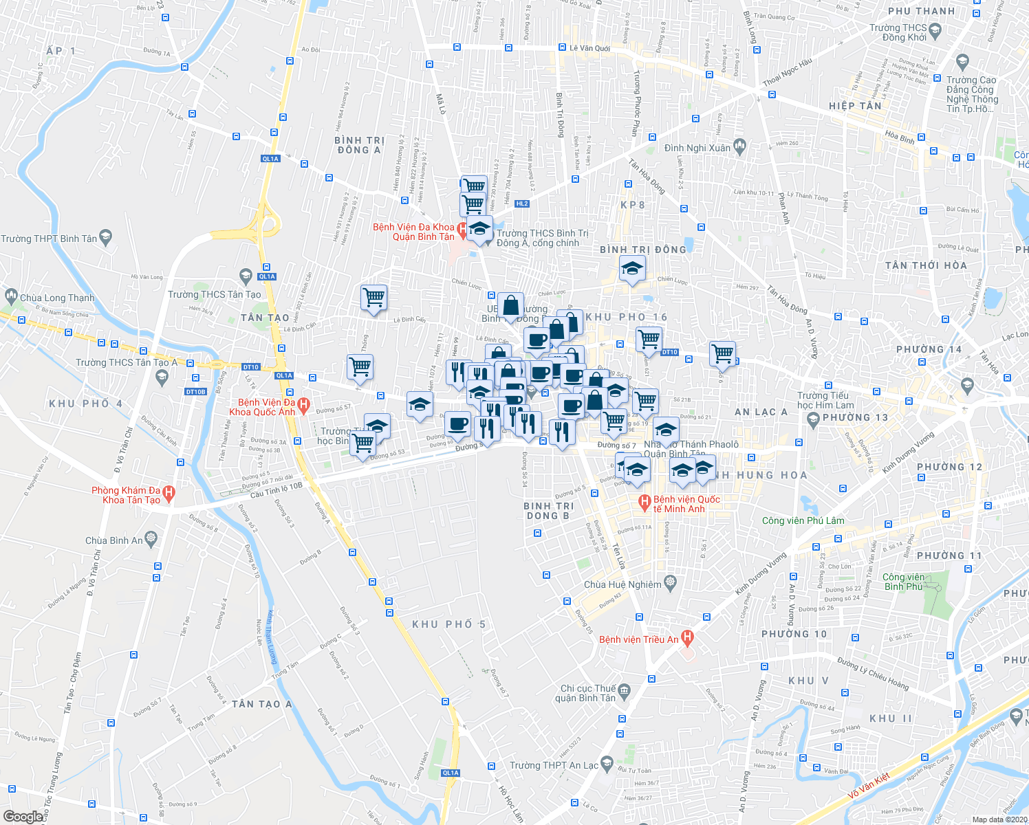 map of restaurants, bars, coffee shops, grocery stores, and more near Đường số 34A in Ho Chi Minh City