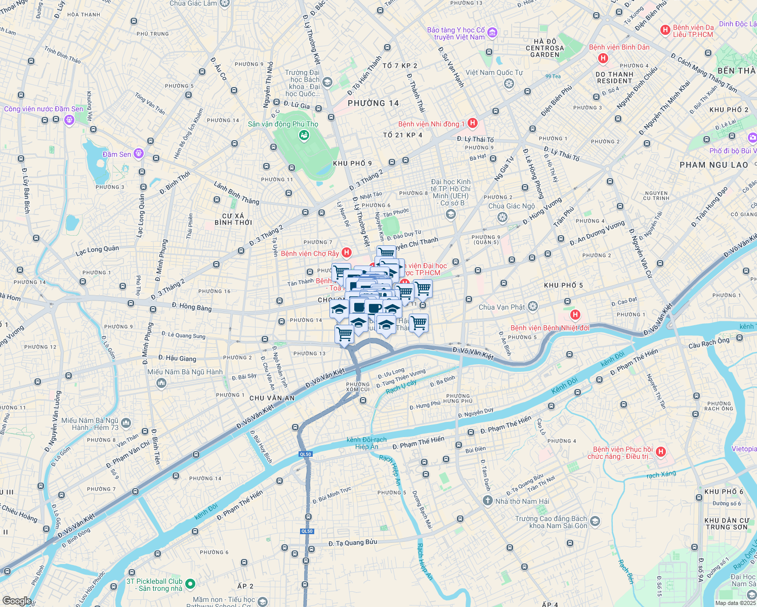 map of restaurants, bars, coffee shops, grocery stores, and more near Ký Hoà in Quận 5