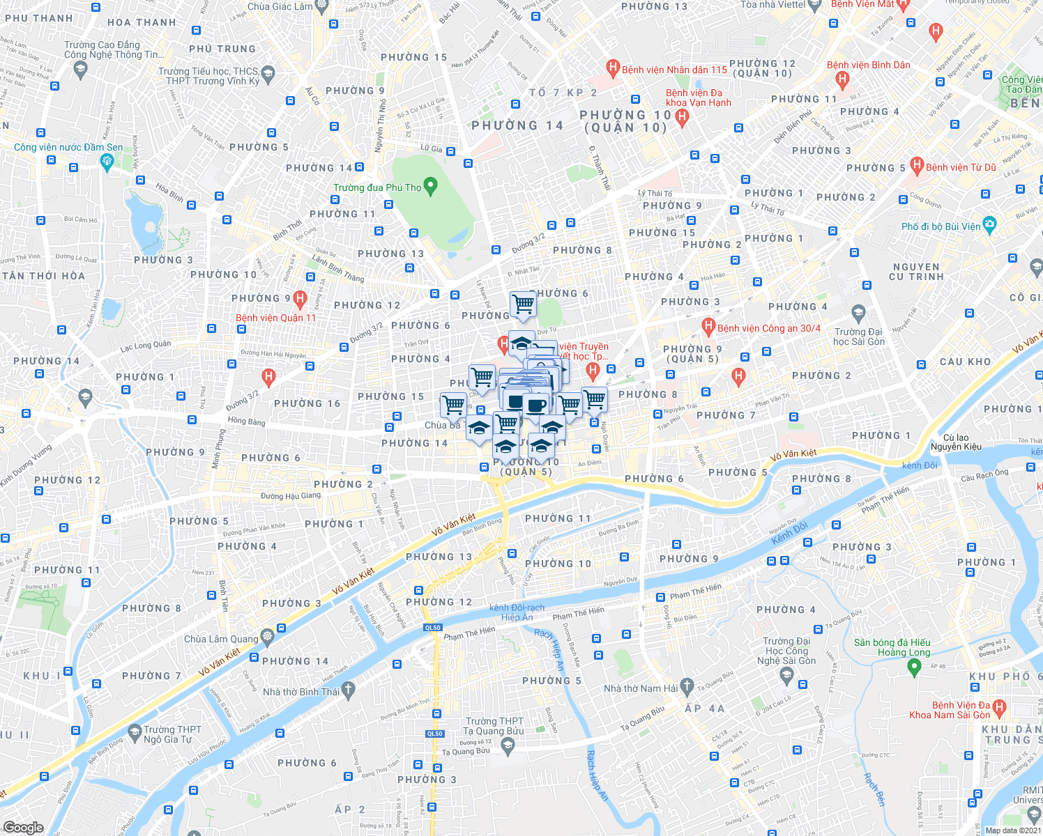 map of restaurants, bars, coffee shops, grocery stores, and more near Ký Hoà in Quận 5