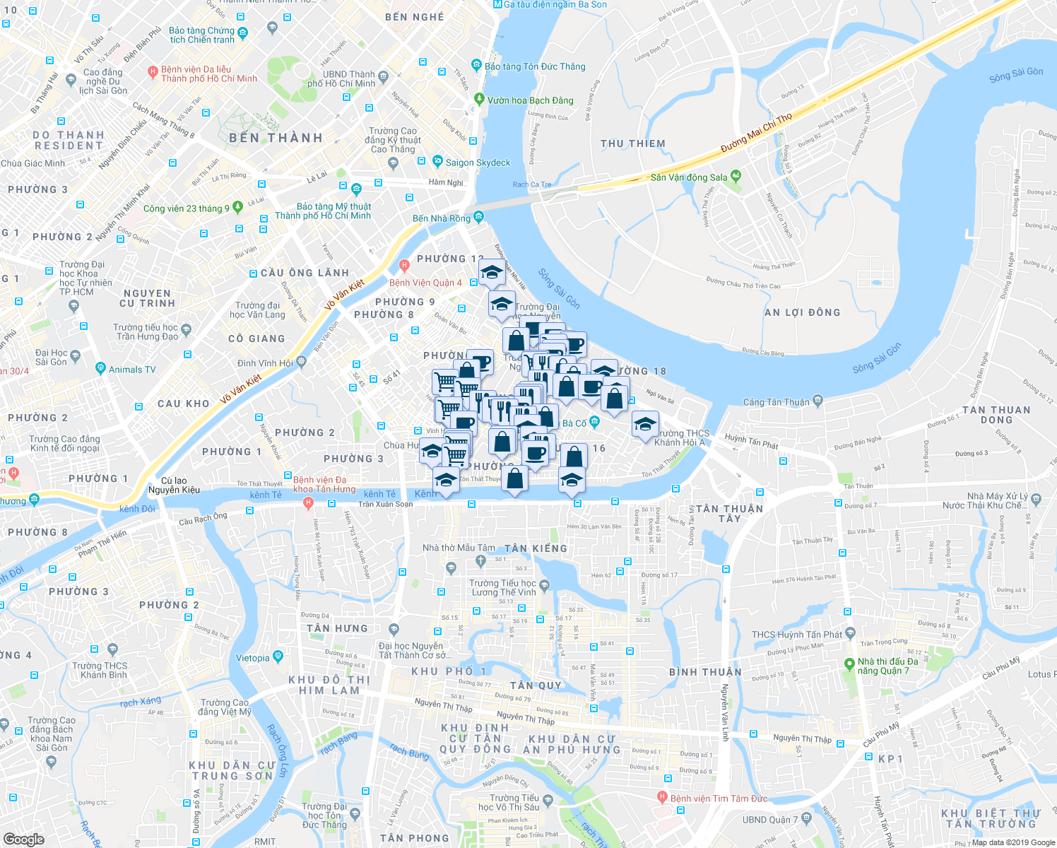 map of restaurants, bars, coffee shops, grocery stores, and more near Xóm Chiếu in Quận 4