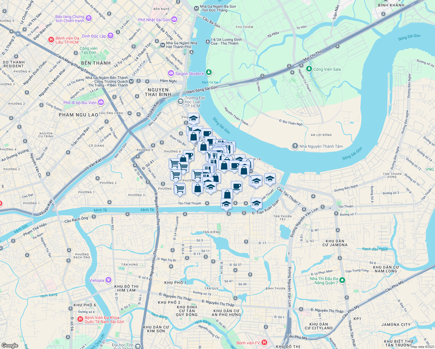 map of restaurants, bars, coffee shops, grocery stores, and more near Xóm Chiếu in Quận 4