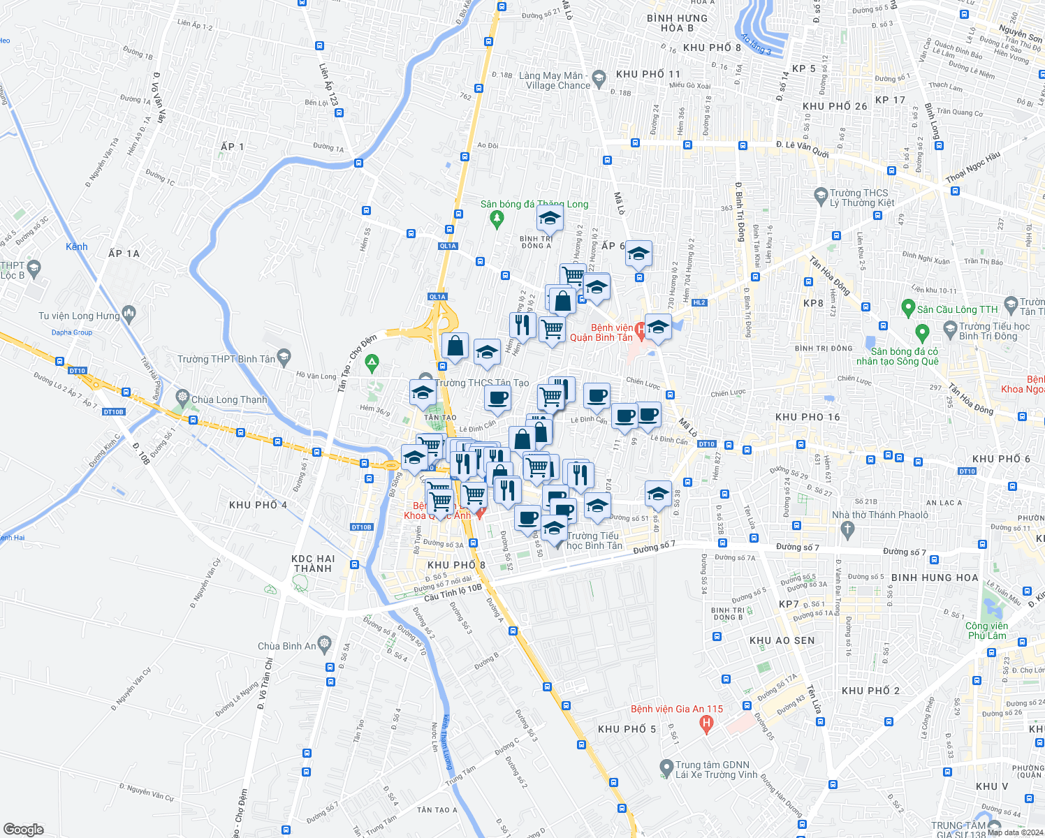 map of restaurants, bars, coffee shops, grocery stores, and more near 215a Lê Đình Cẩn in Bình Tân