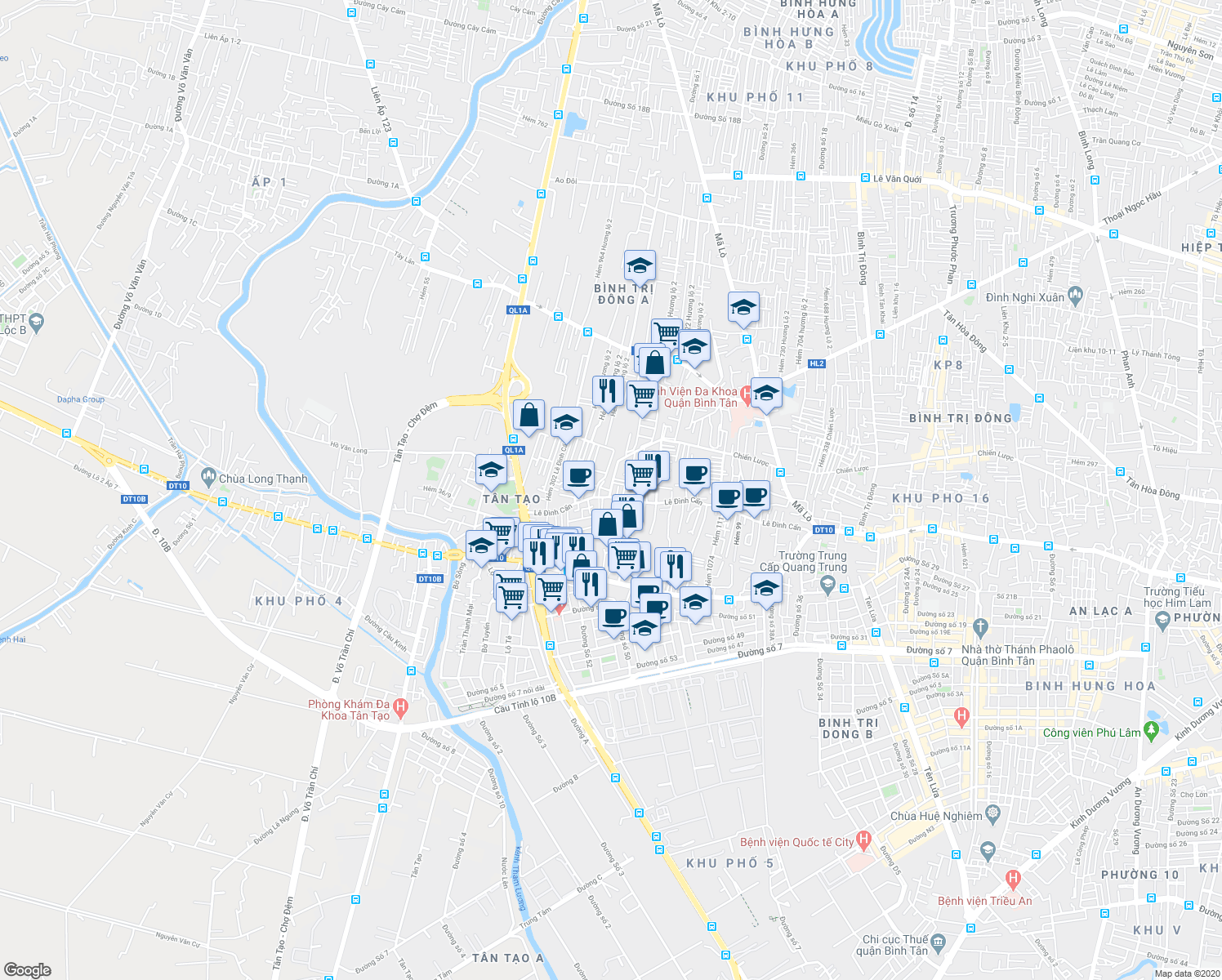 map of restaurants, bars, coffee shops, grocery stores, and more near 215a Lê Đình Cẩn in Bình Tân