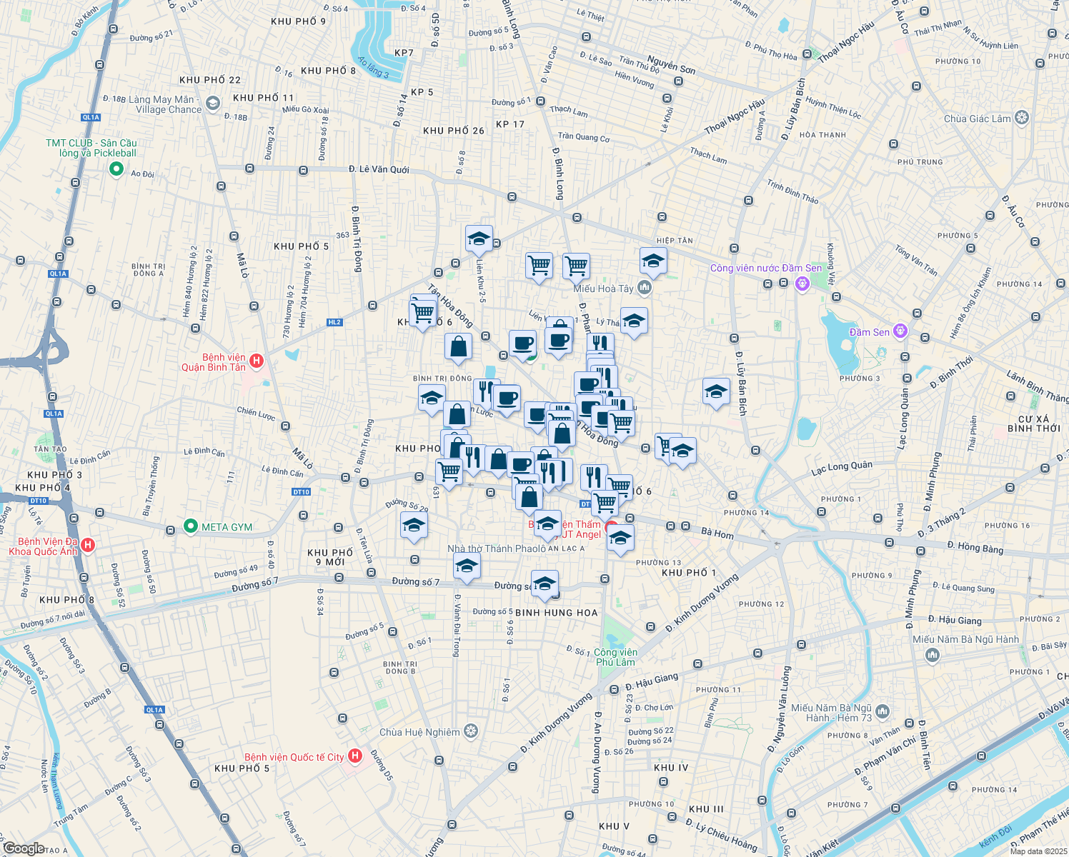 map of restaurants, bars, coffee shops, grocery stores, and more near Chiến Lược in Bình Tân