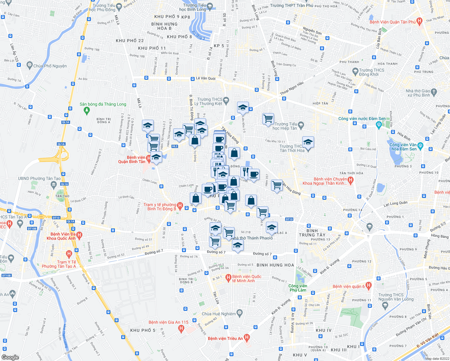 map of restaurants, bars, coffee shops, grocery stores, and more near Chiến Lược in Bình Tân