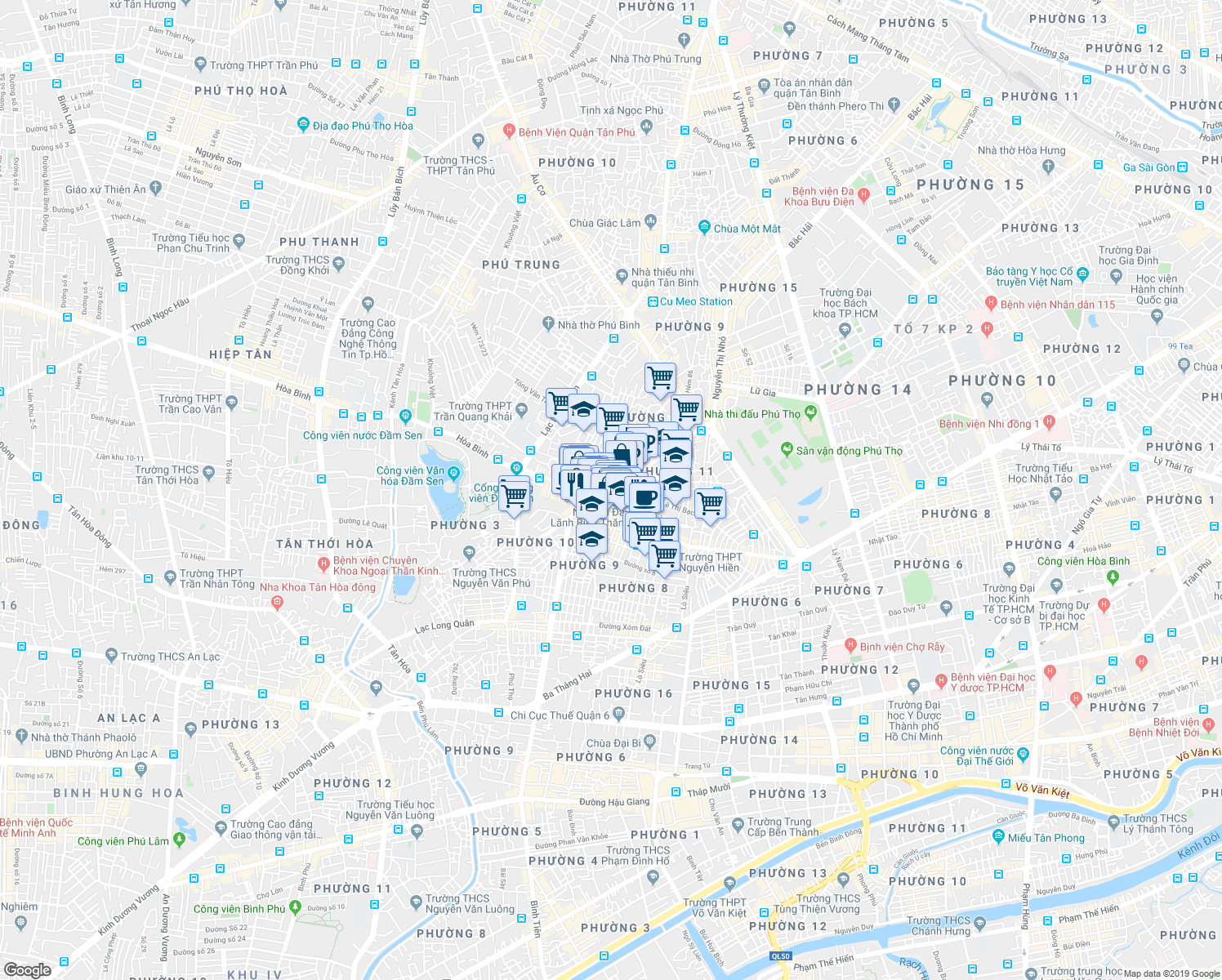 map of restaurants, bars, coffee shops, grocery stores, and more near Bình Thới in Quận 11