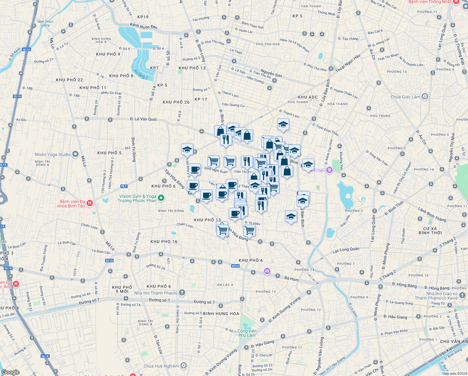 map of restaurants, bars, coffee shops, grocery stores, and more near 165 Phan Anh in Tân Phú