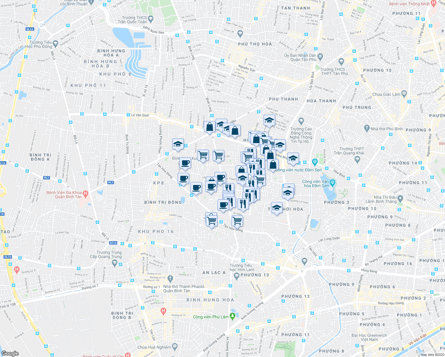 map of restaurants, bars, coffee shops, grocery stores, and more near 165 Phan Anh in Tân Phú
