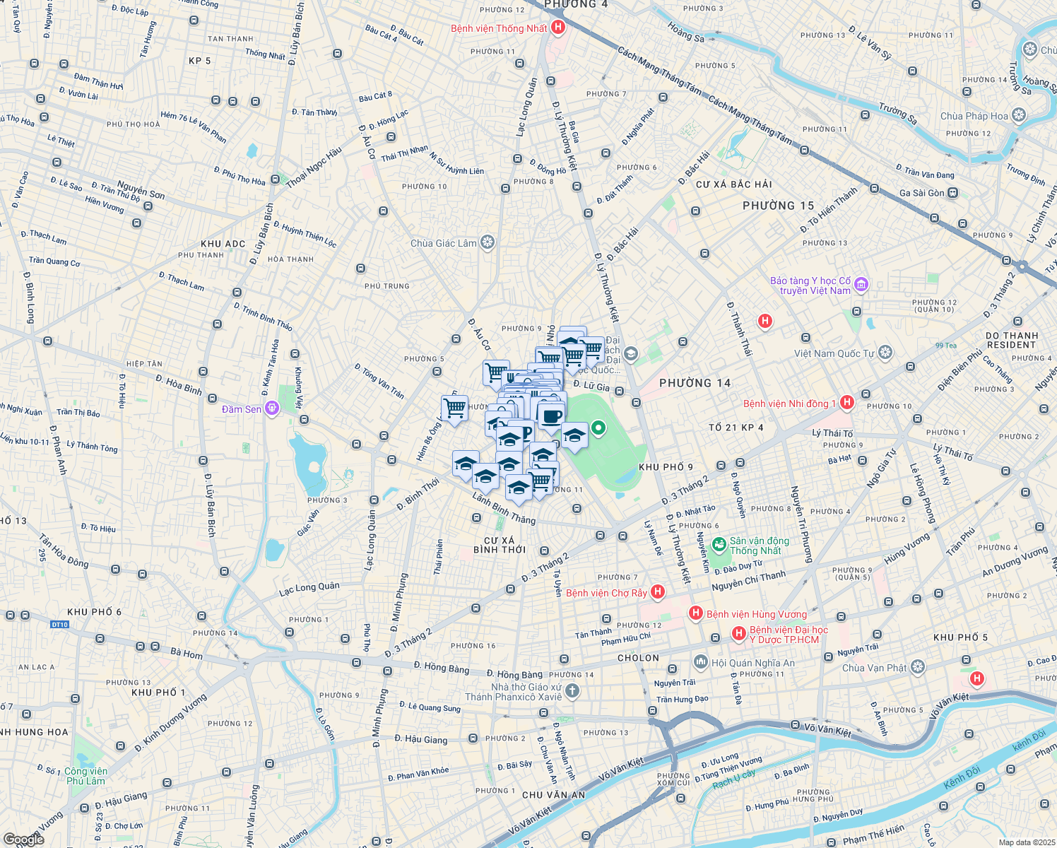 map of restaurants, bars, coffee shops, grocery stores, and more near Bình Thới in Quận 11