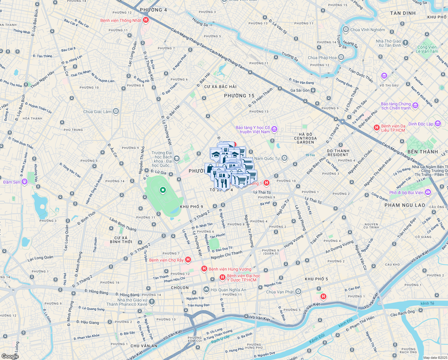 map of restaurants, bars, coffee shops, grocery stores, and more near Cư Xá Đồng Tiến in Quận 10