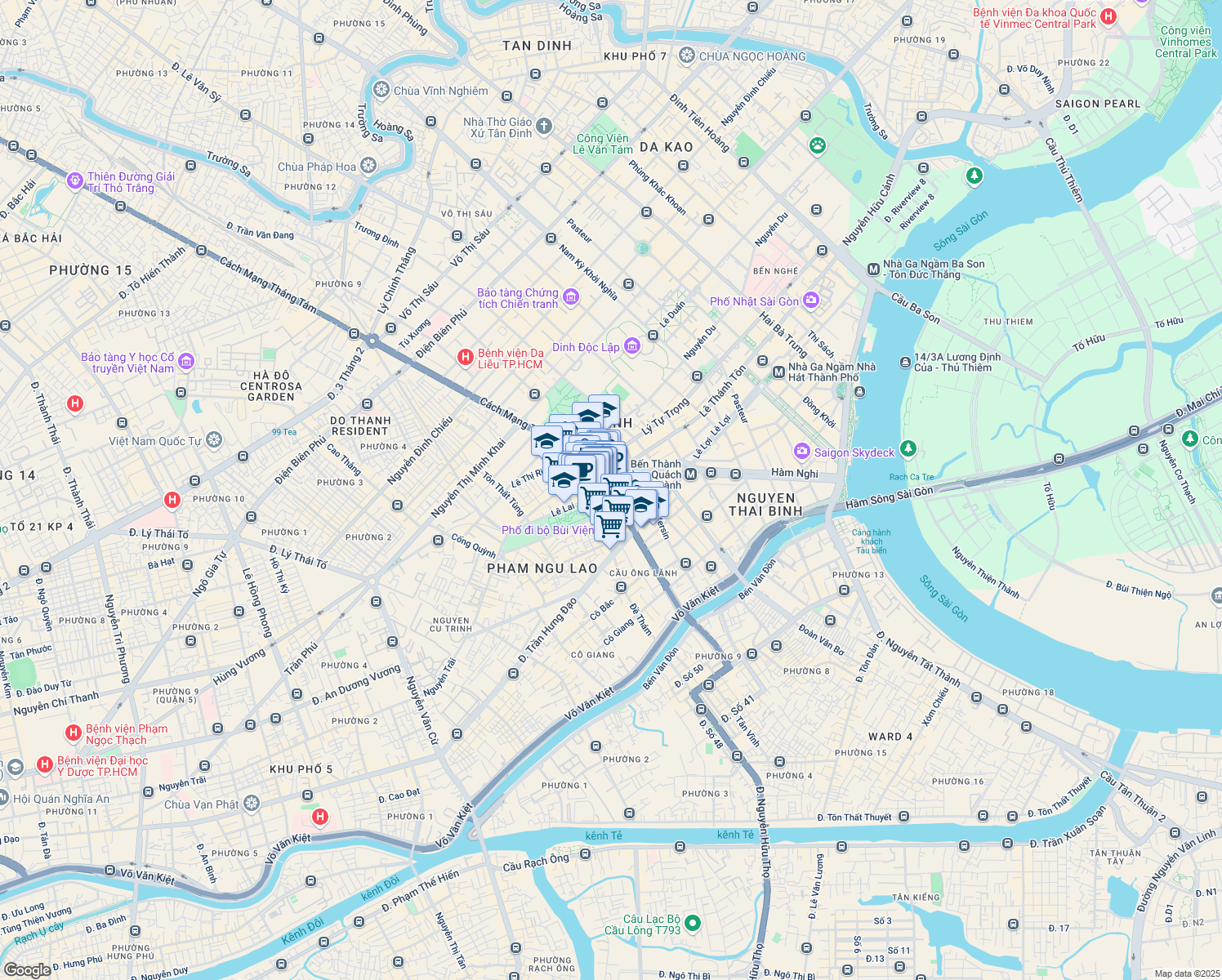 map of restaurants, bars, coffee shops, grocery stores, and more near Lê Lai in Quận 1