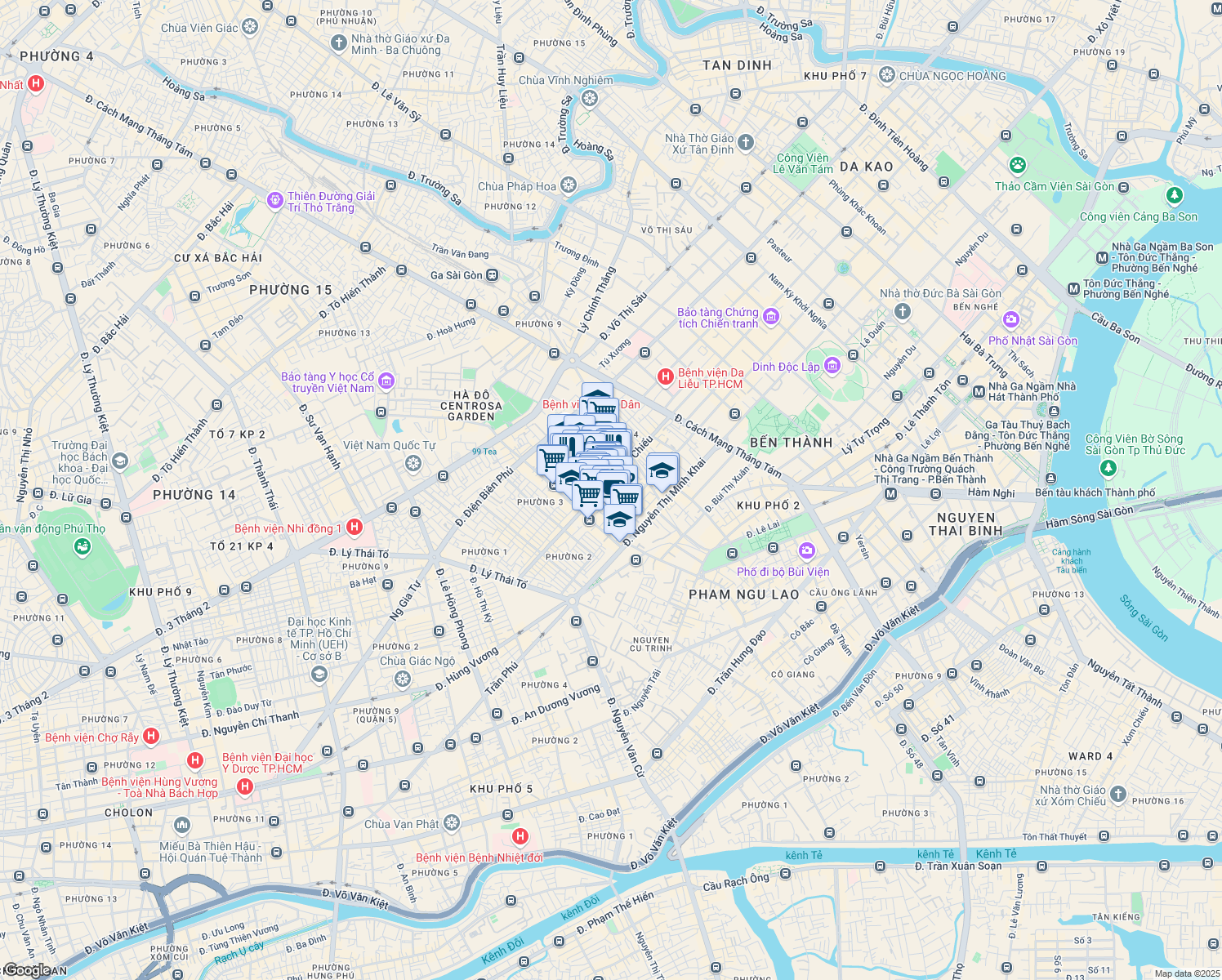 map of restaurants, bars, coffee shops, grocery stores, and more near Nguyễn Đình Chiểu in Quận 3